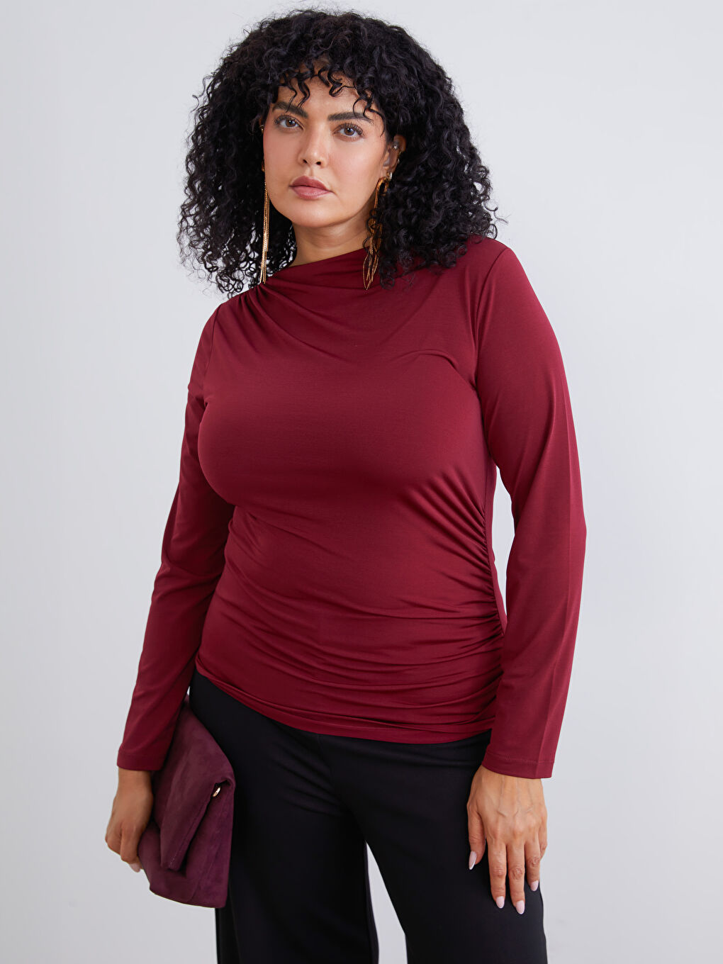 Bordo Büyük Beden Dik Yaka Büzgülü Kadın Body
