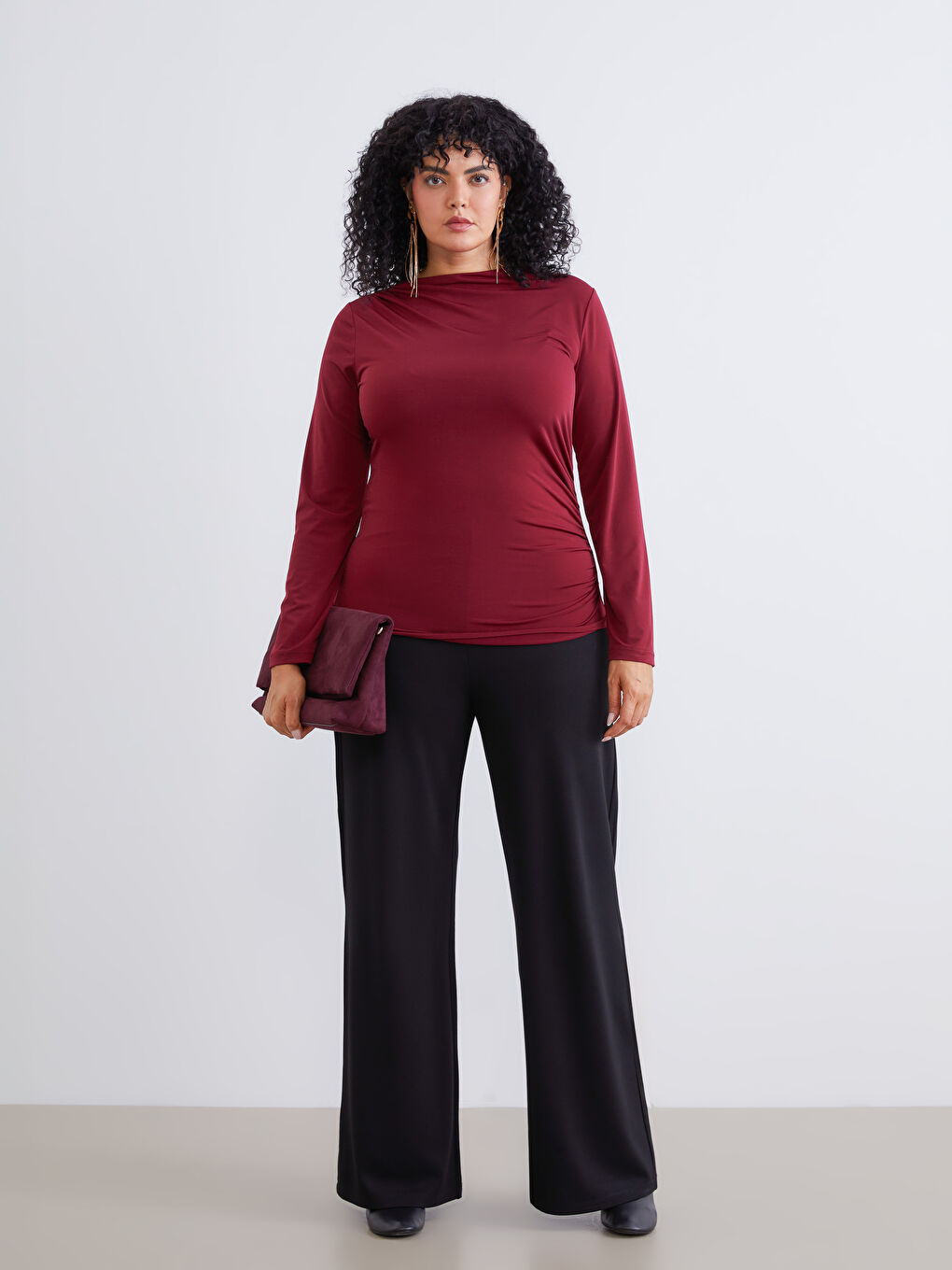 Bordo Büyük Beden Dik Yaka Büzgülü Kadın Body-1