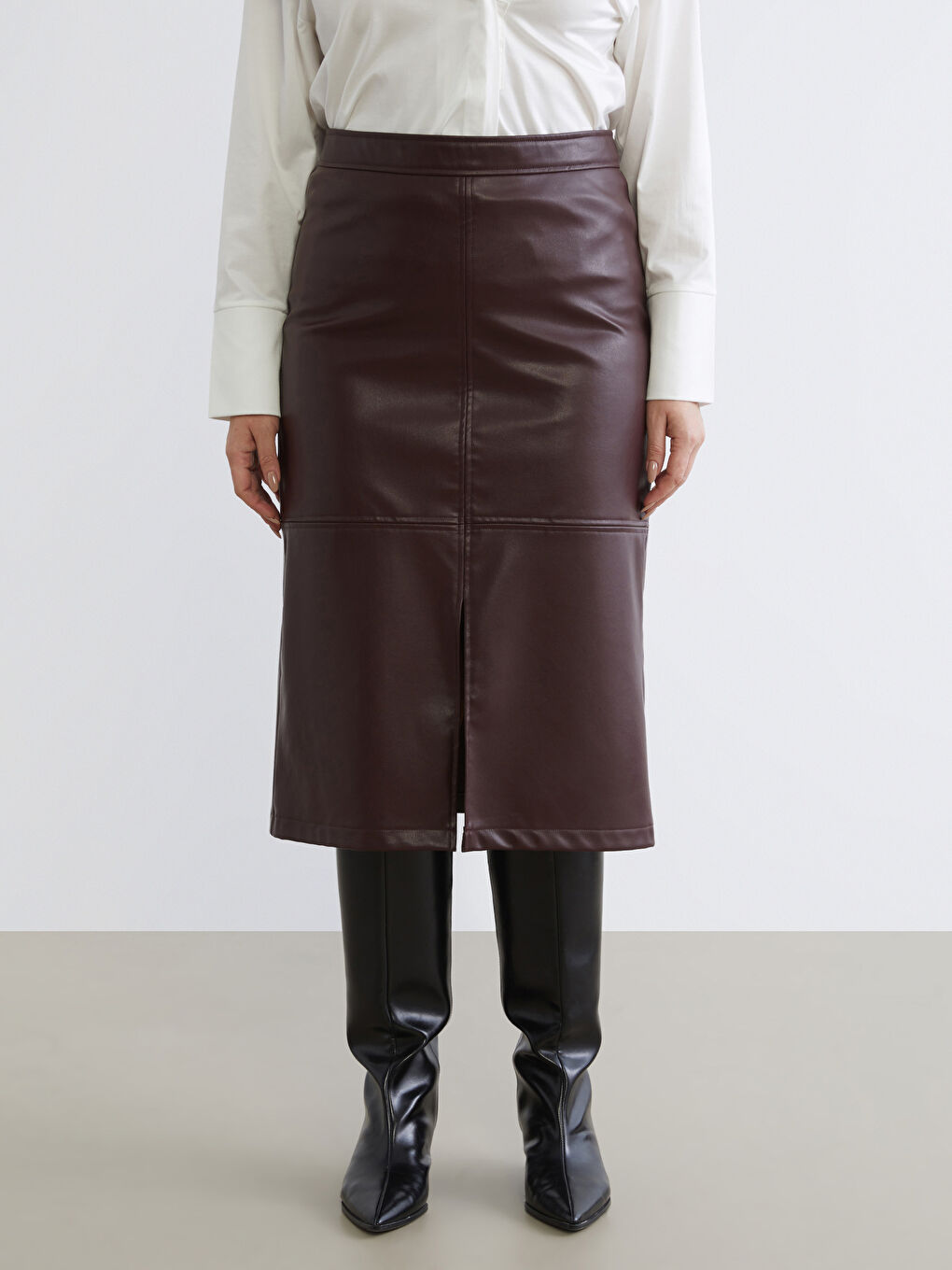 Bordo Büyük Beden Beli Fermuarlı Deri Görünümlü Etek-1