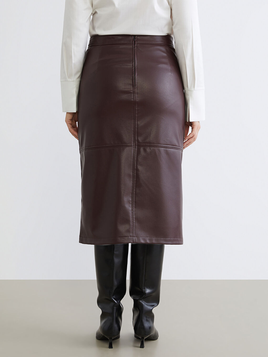 Bordo Büyük Beden Beli Fermuarlı Deri Görünümlü Etek-3