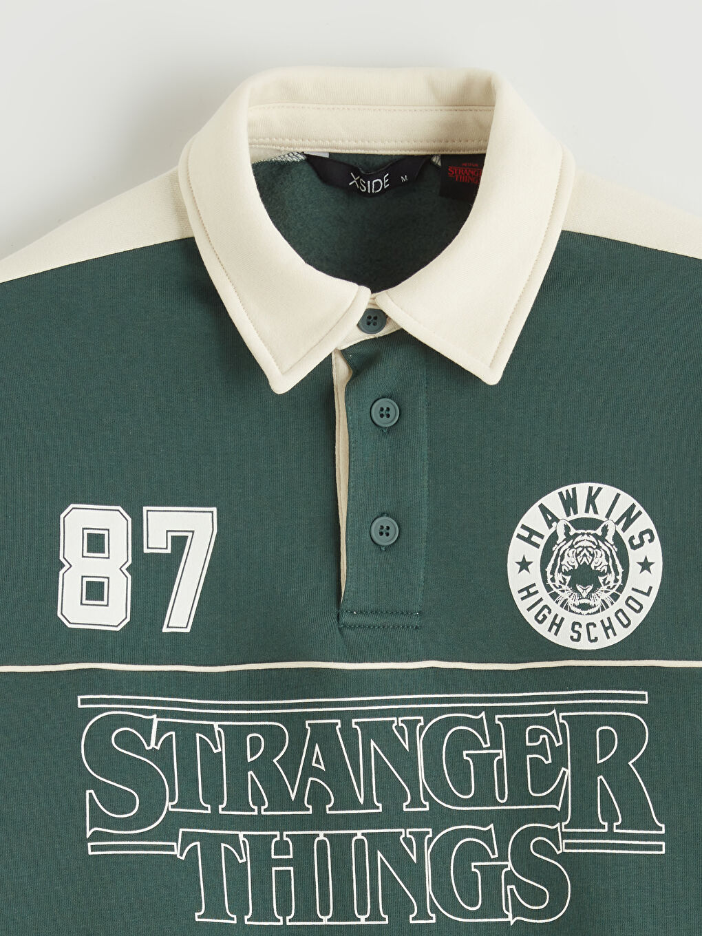 Yeşil Polo Yaka Stranger Things Baskılı Erkek Kalın Sweatshirt-1