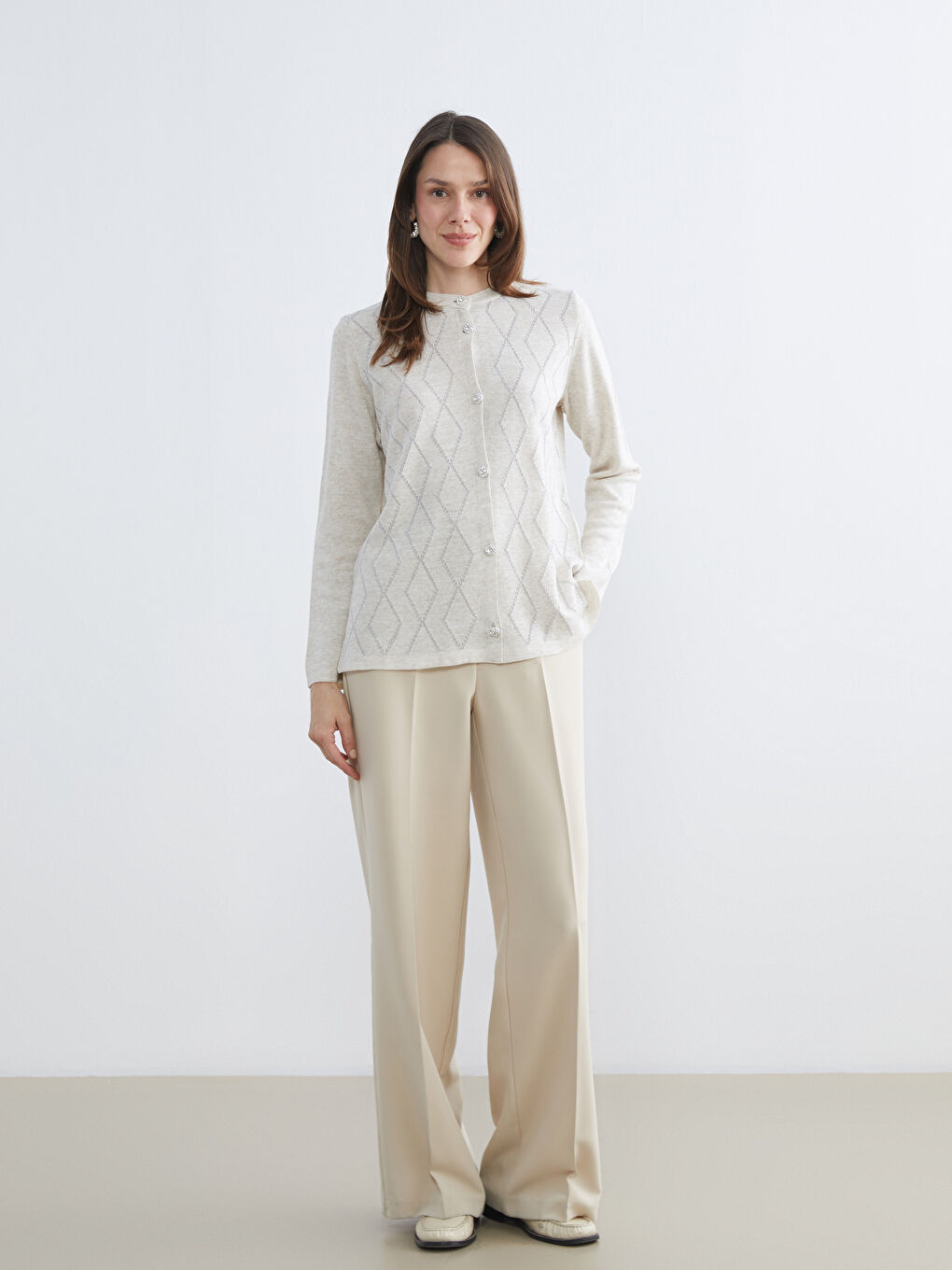 Bej Baklava Desenli Kadın Triko Hırka-1