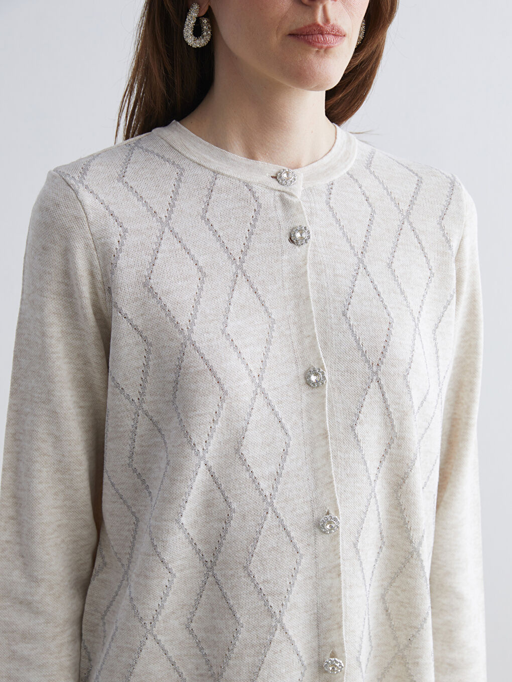 Bej Baklava Desenli Kadın Triko Hırka-2