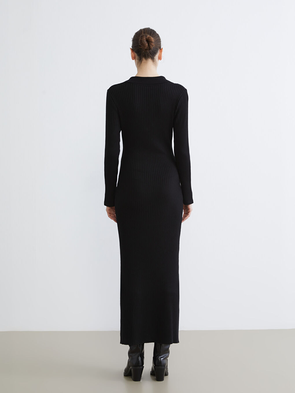 Siyah Polo Yaka Triko Elbise-3