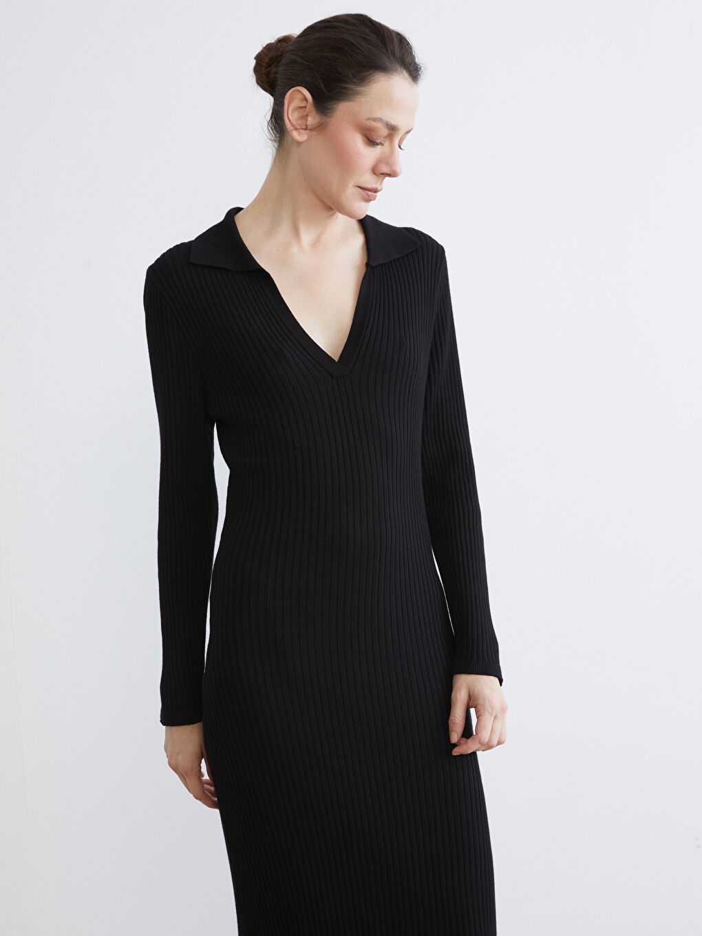 Siyah Polo Yaka Triko Elbise-1