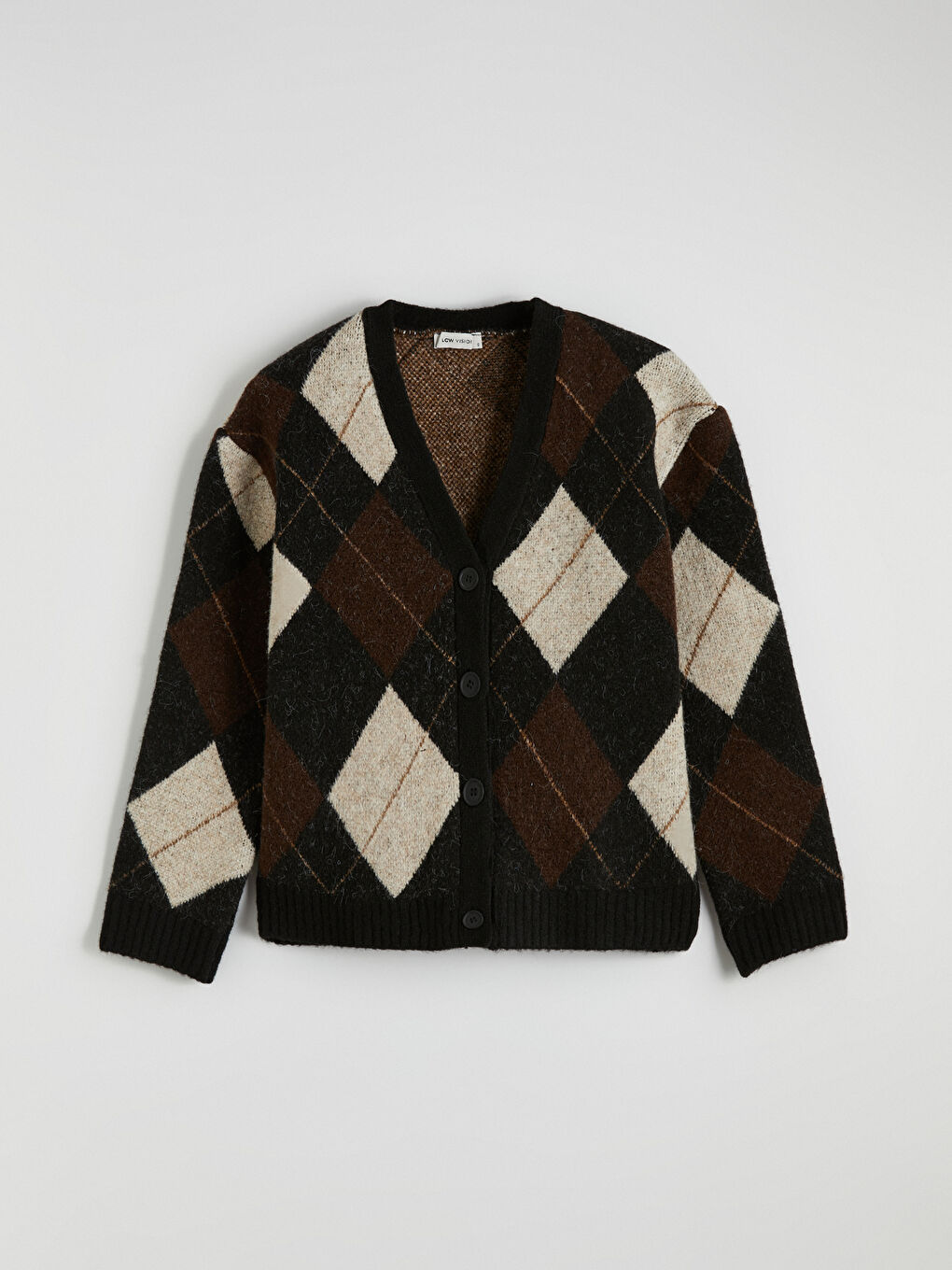 Kahverengi V Yaka Baklava Desenli Oversize Kadın Triko Hırka