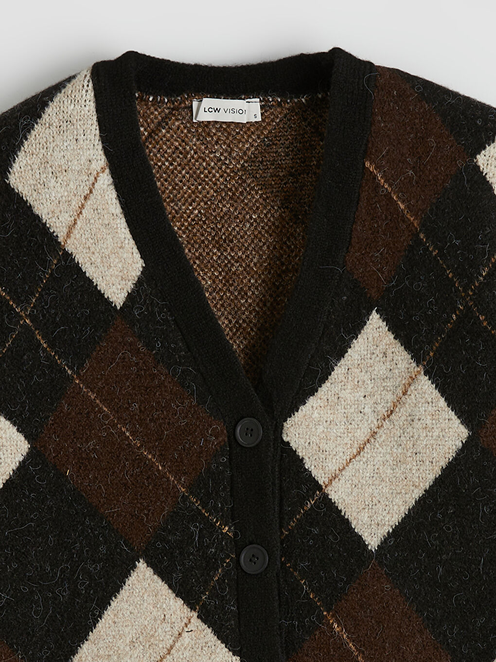 Kahverengi V Yaka Baklava Desenli Oversize Kadın Triko Hırka-1