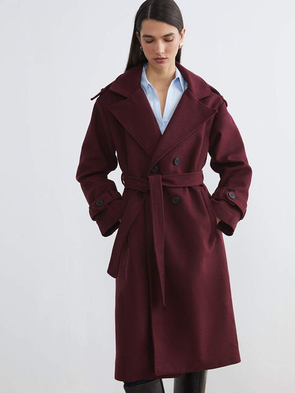 Mürdüm Kruvaze Yaka Kadın Kaşe Kaban-1