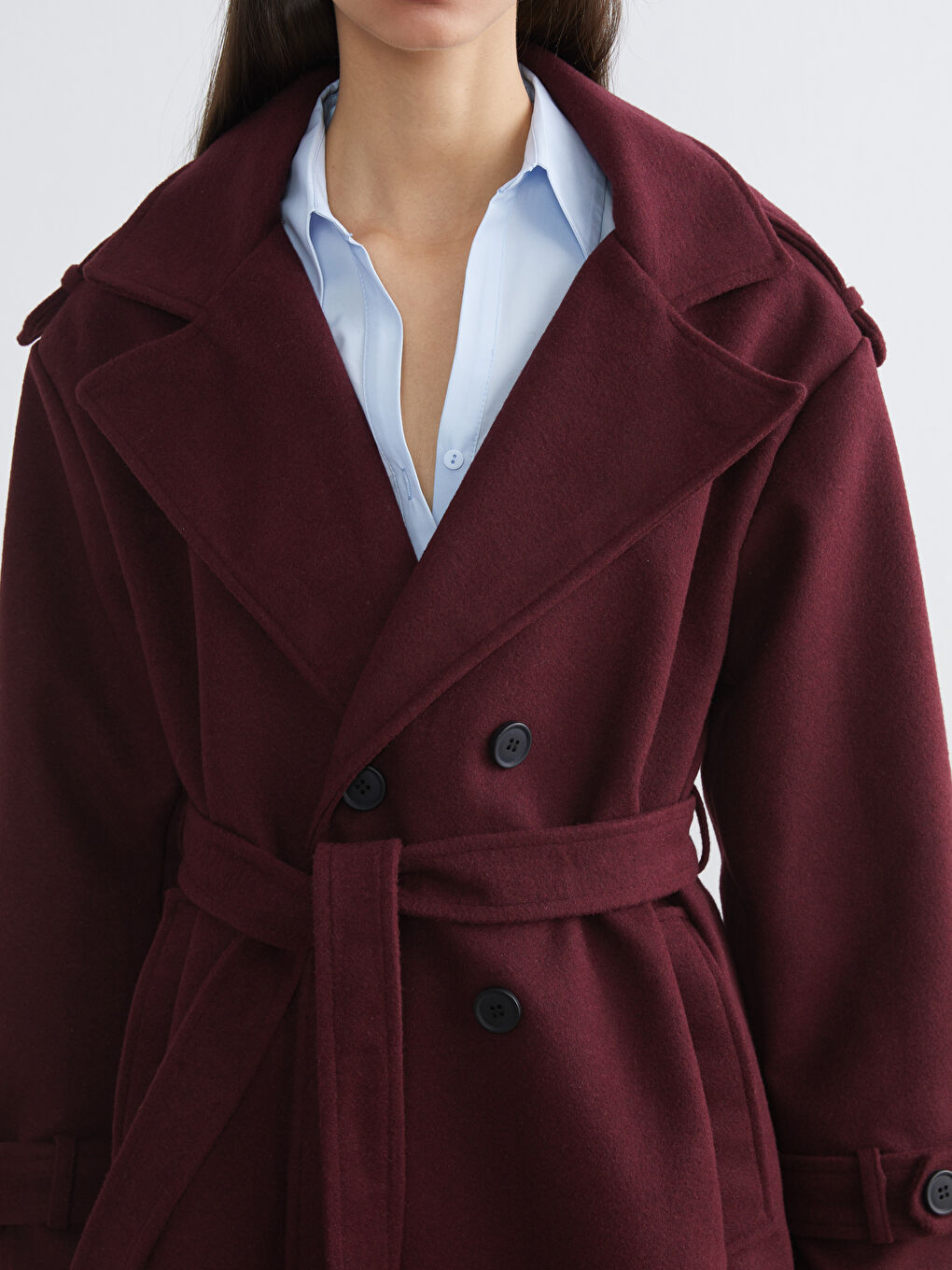 Mürdüm Kruvaze Yaka Kadın Kaşe Kaban-2