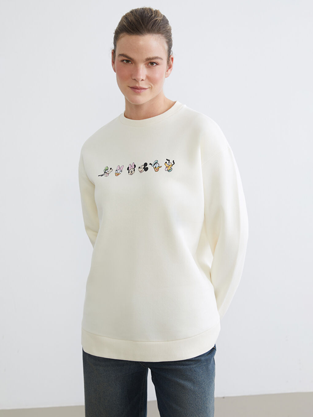 Bej Minnie Mouse Baskılı Kadın Kalın Sweatshirt
