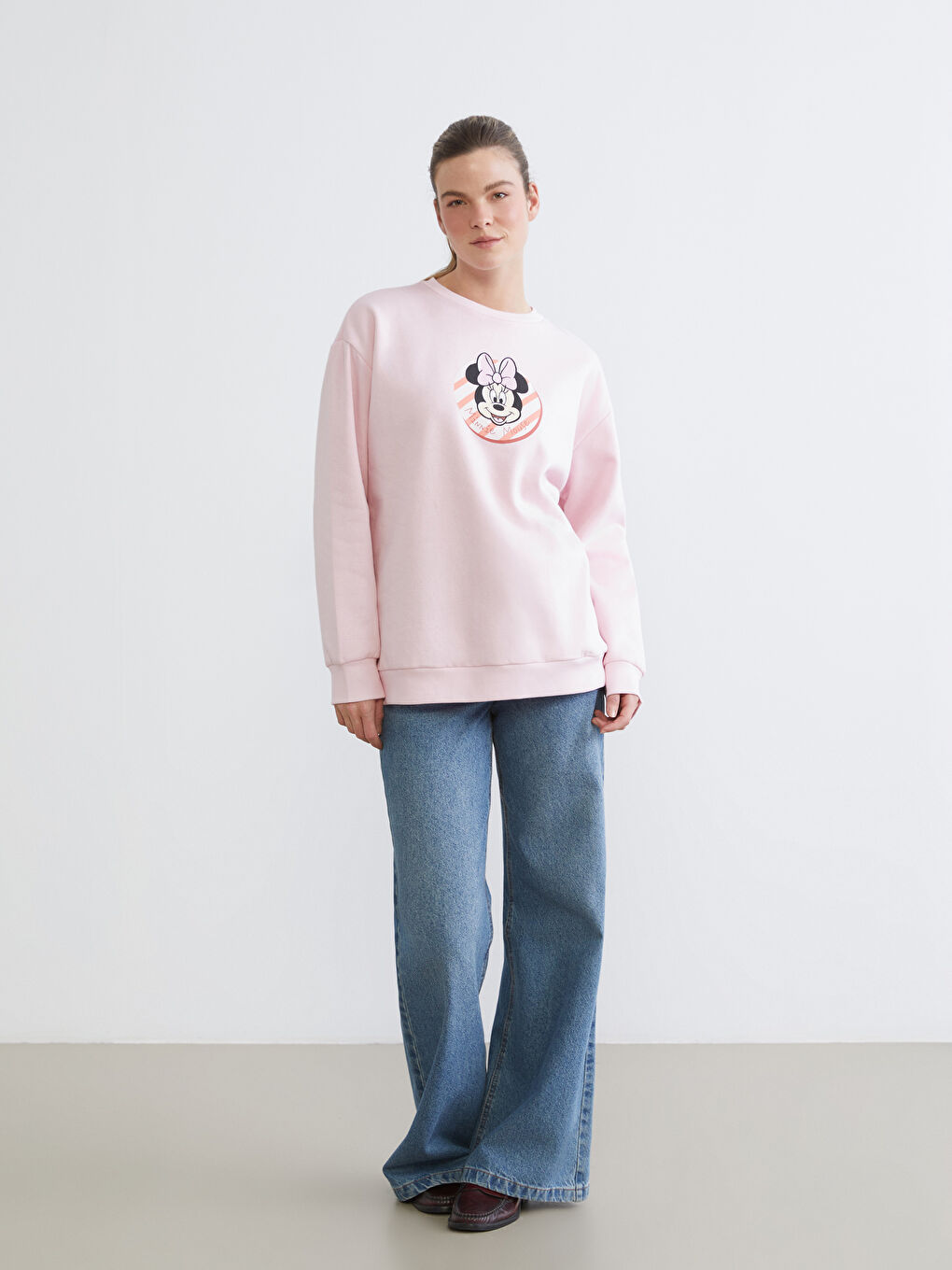 Pembe Minnie Mouse Baskılı Kadın Kalın Sweatshirt-1