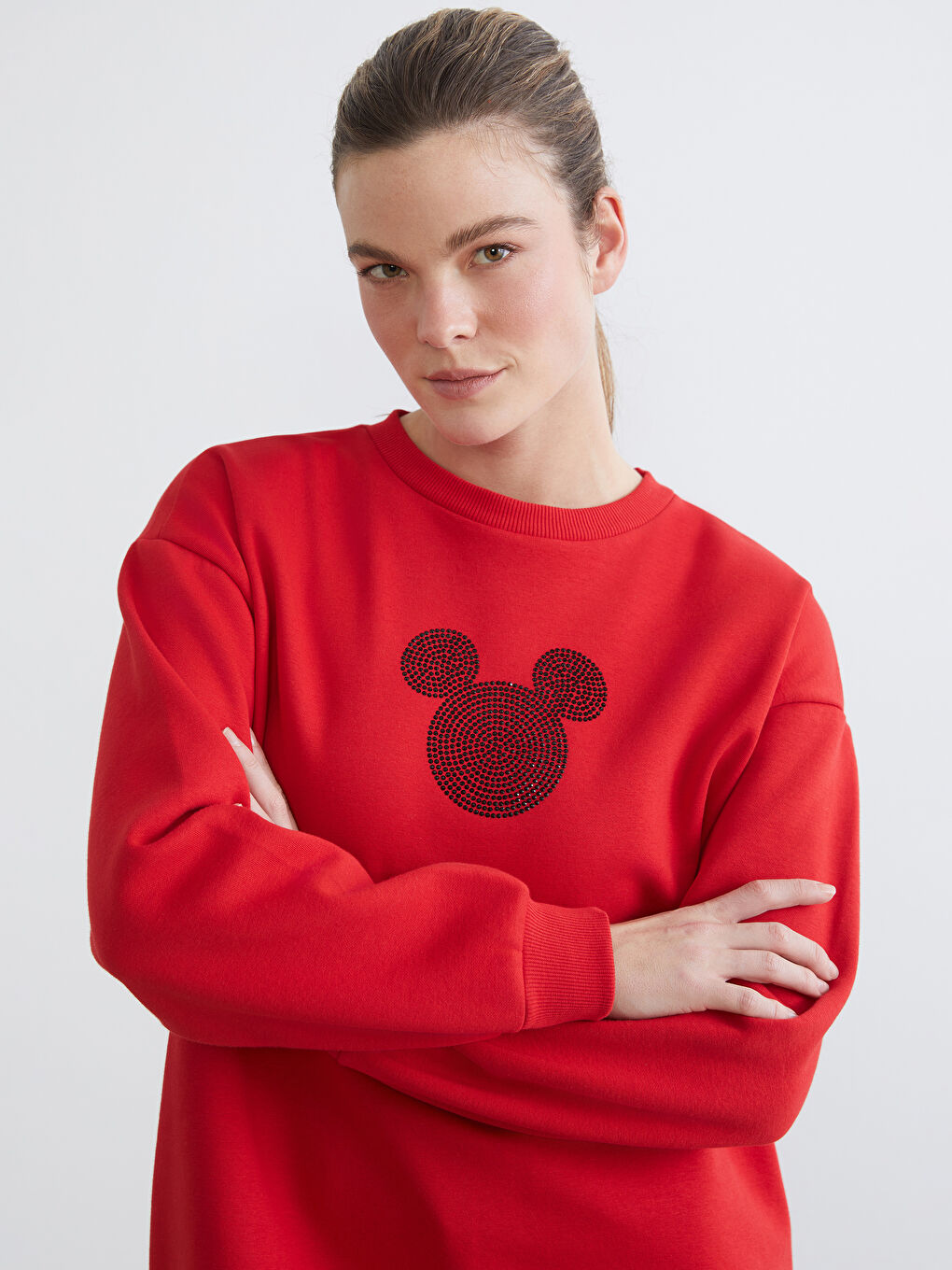 Kırmızı Minnie Mouse Baskılı Kadın Kalın Sweatshirt