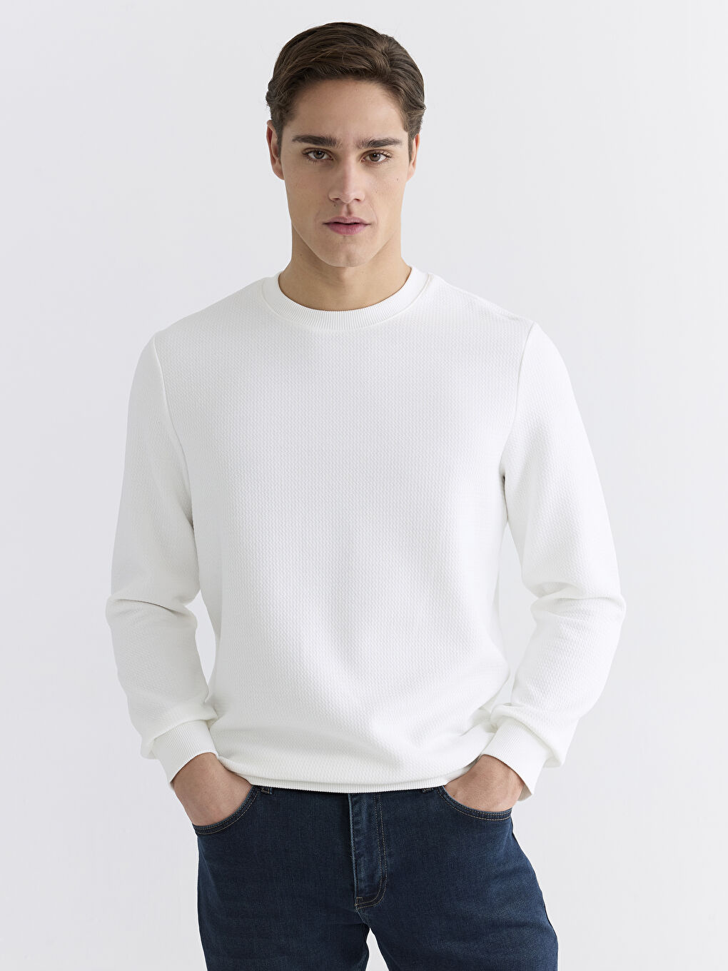 Ekru Bisiklet Yaka Erkek Sweatshirt