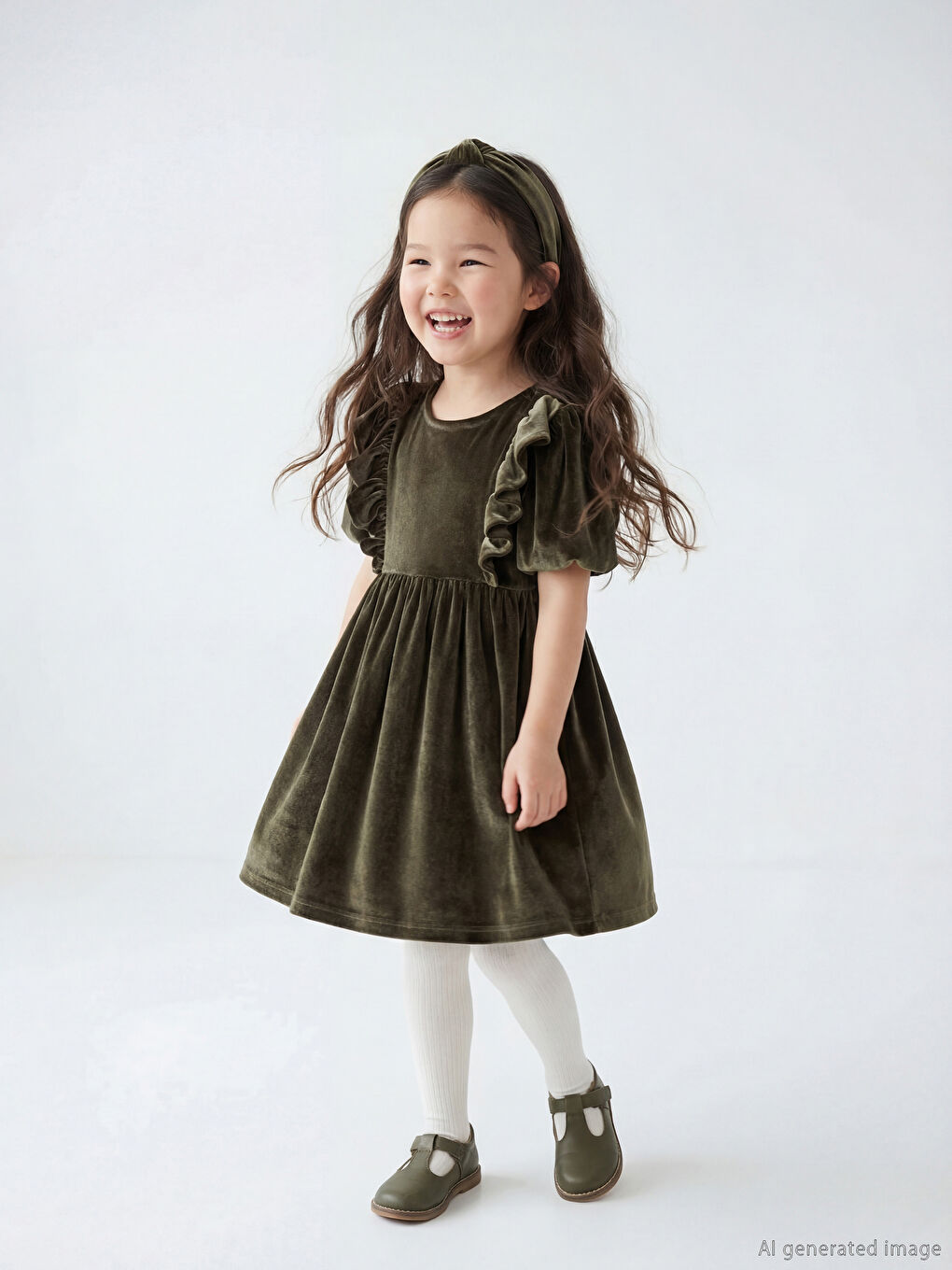 Yeşil Bisiklet Yaka Fırfırlı Kız Çocuk Kadife Elbise