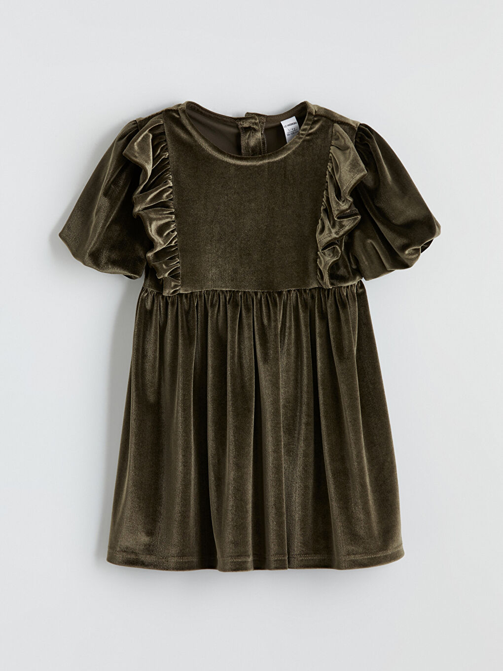 Yeşil Bisiklet Yaka Fırfırlı Kız Çocuk Kadife Elbise