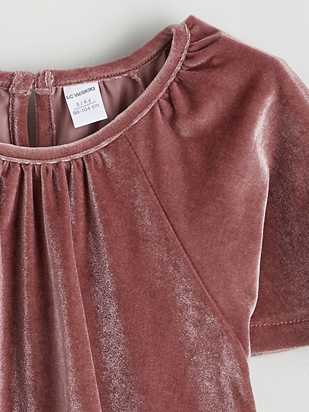 Pembe Bisiklet Yaka Kadife Kız Çocuk Elbise-1