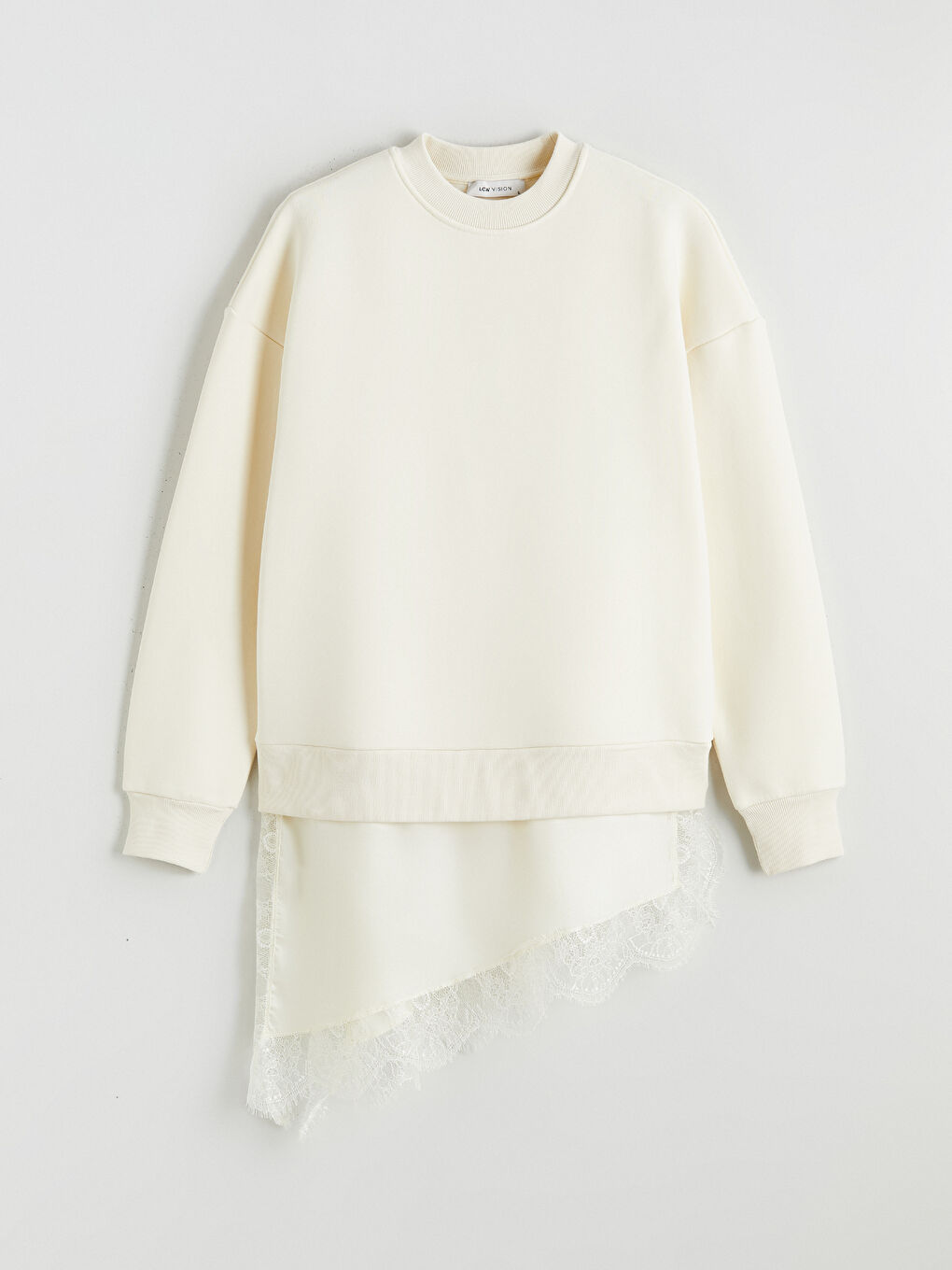 Bej Dantel Detaylı Oversize Kalın Kadın Sweatshirt-4