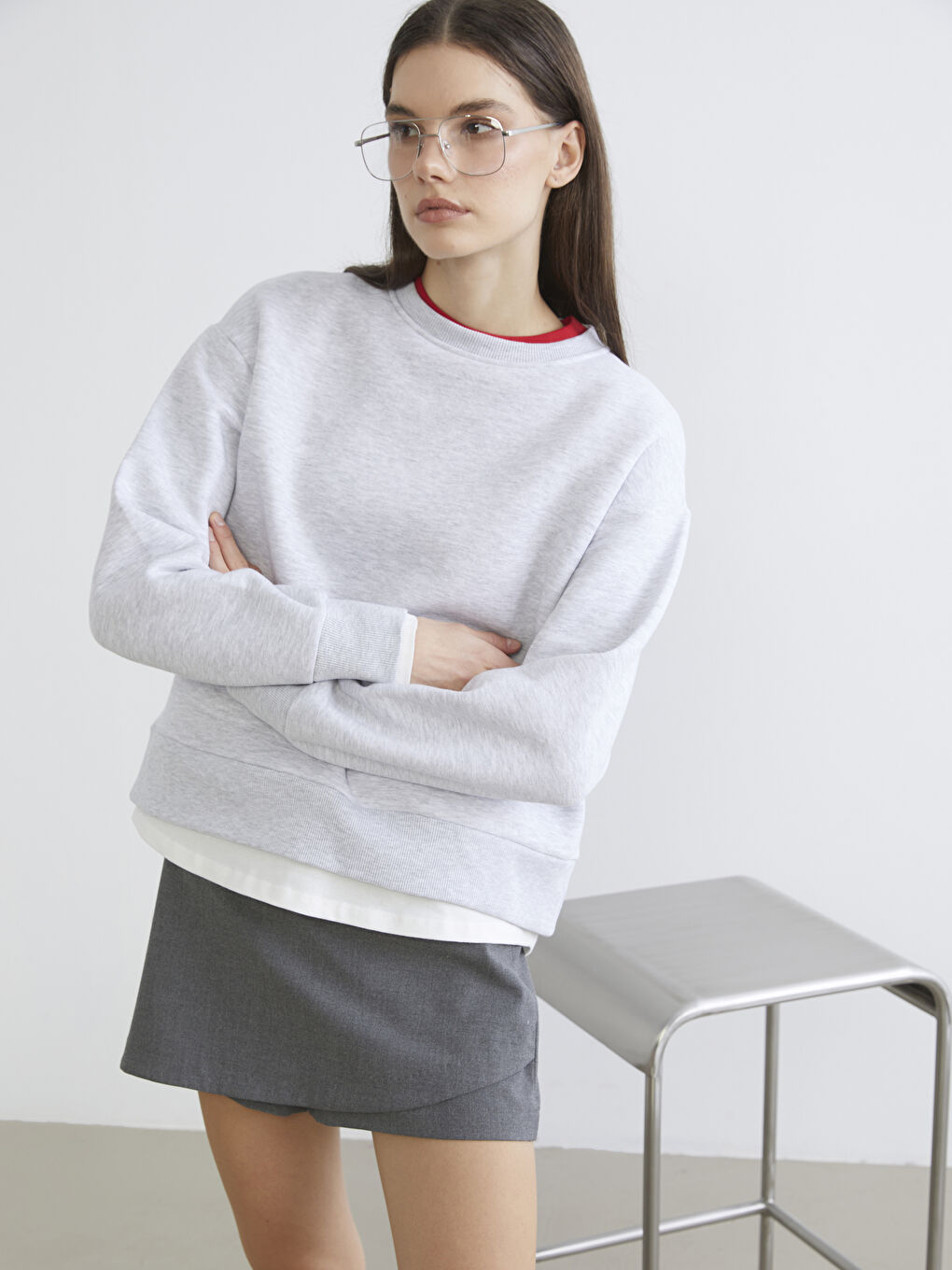 Gri Bisiklet Yaka Kadın Kalın Sweatshirt