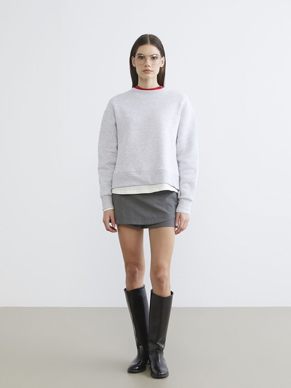 Gri Bisiklet Yaka Kadın Kalın Sweatshirt-1