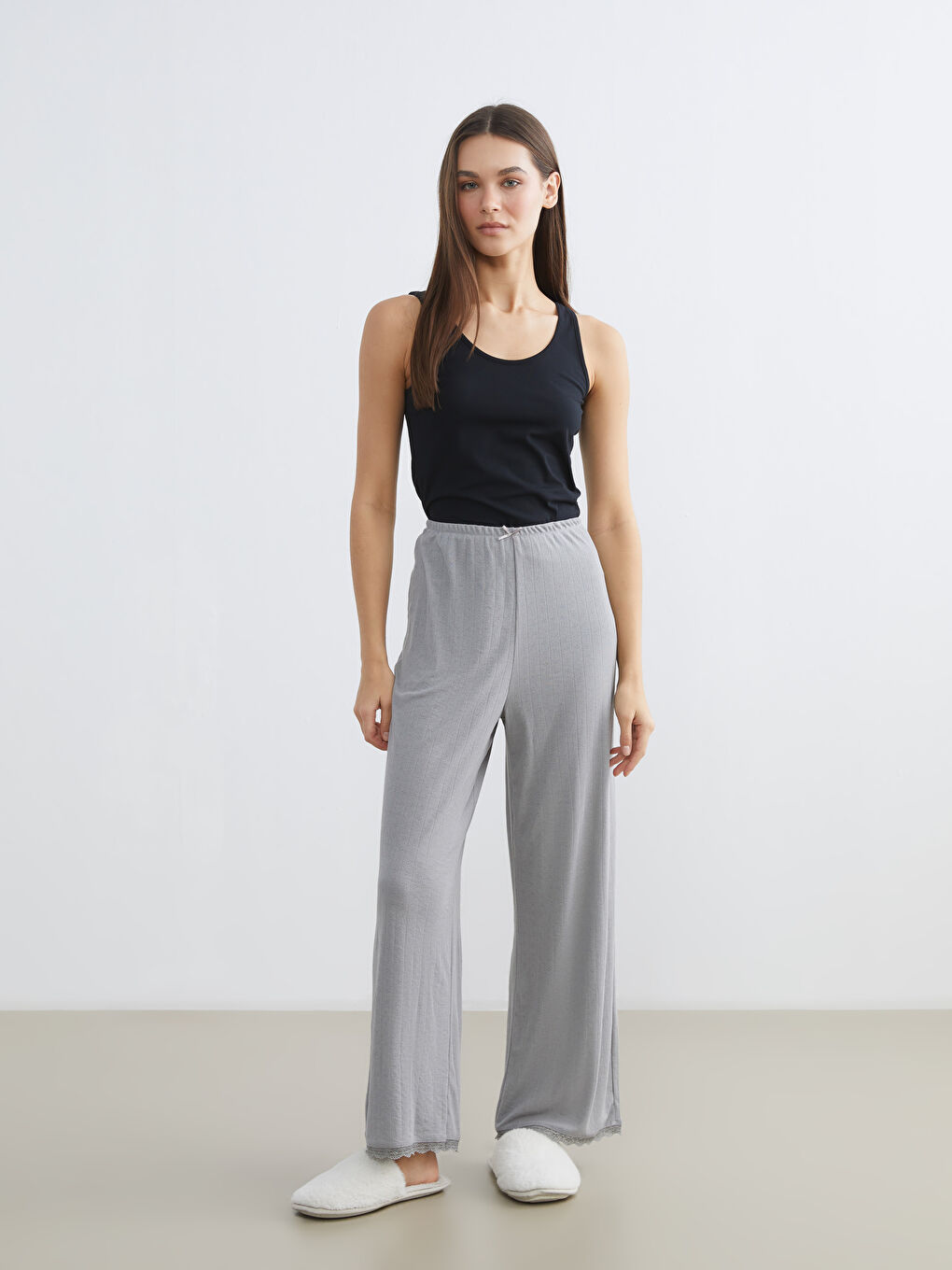 Gri Beli Lastikli Ajurlu Kadın Pijama Altı