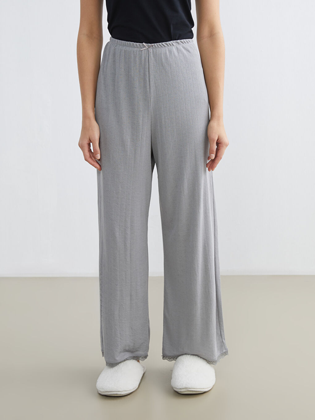 Gri Beli Lastikli Ajurlu Kadın Pijama Altı-1