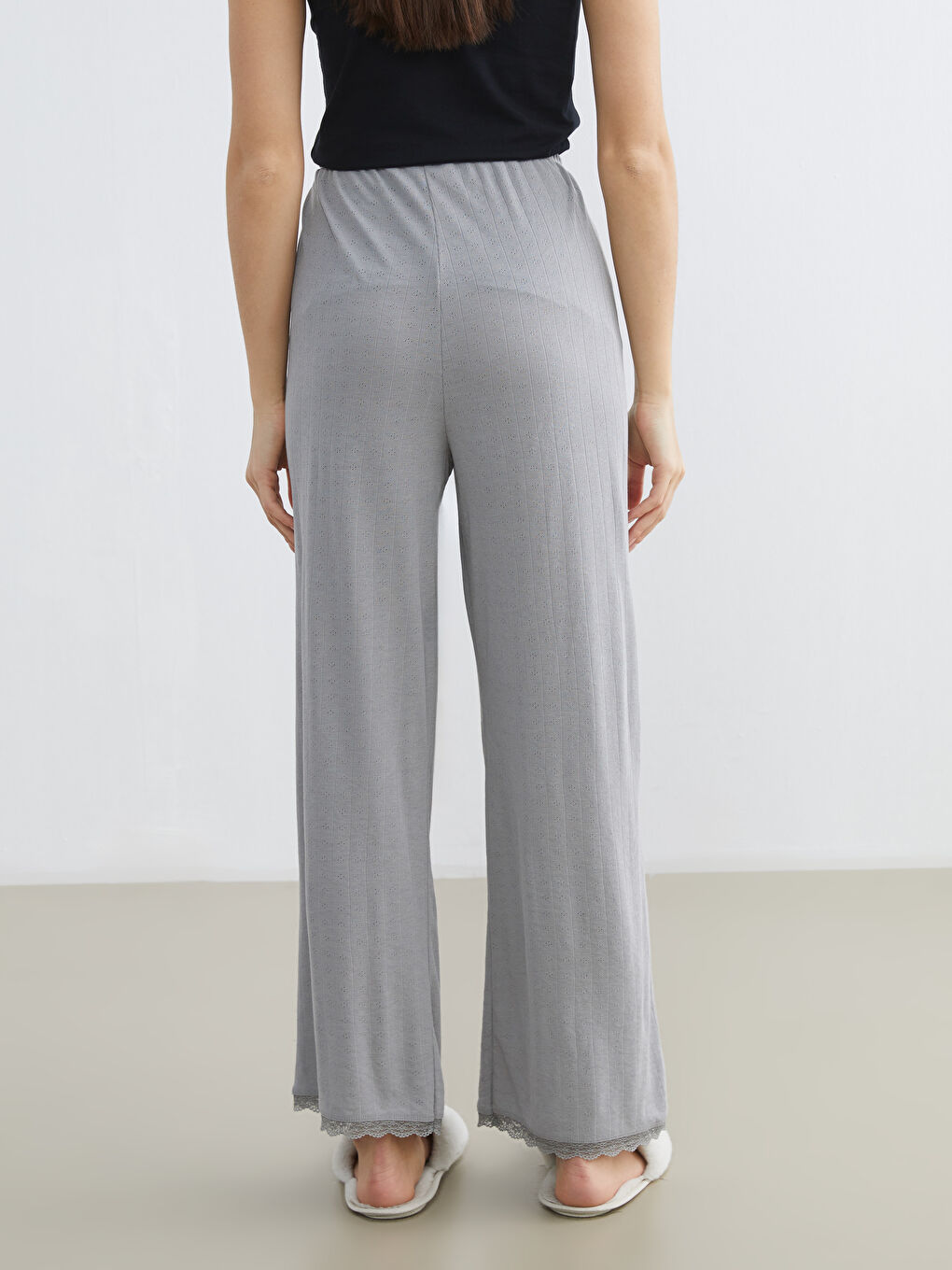 Gri Beli Lastikli Ajurlu Kadın Pijama Altı-3