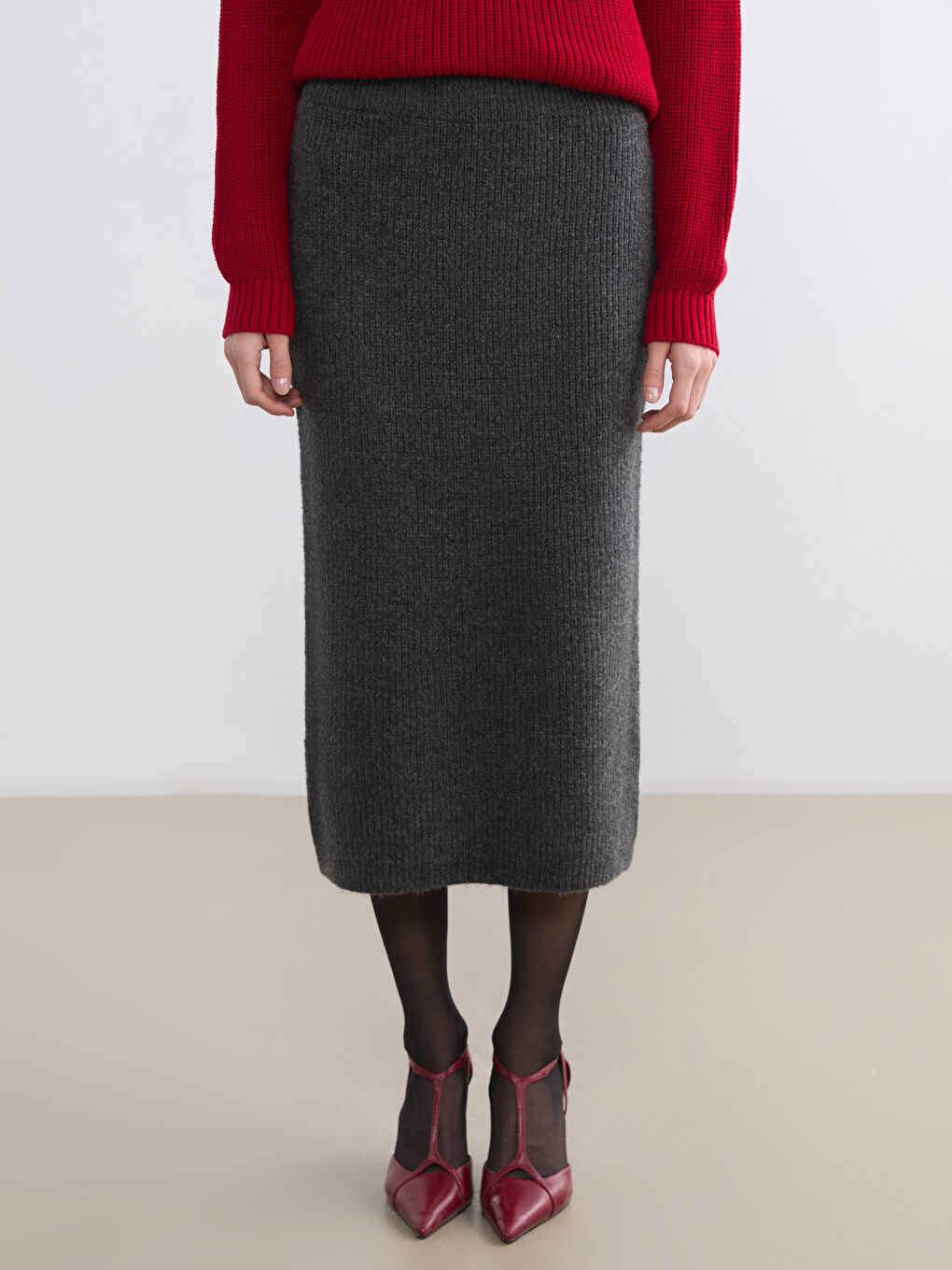 Antrasit Beli Lastikli Fitilli Triko Etek-1