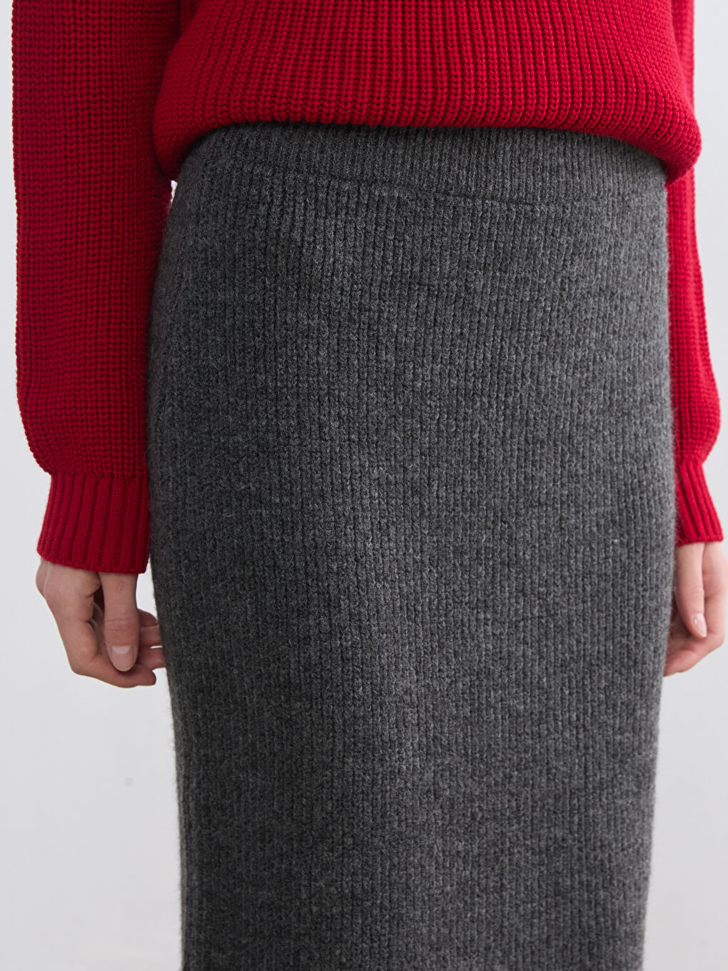 Antrasit Beli Lastikli Fitilli Triko Etek-2