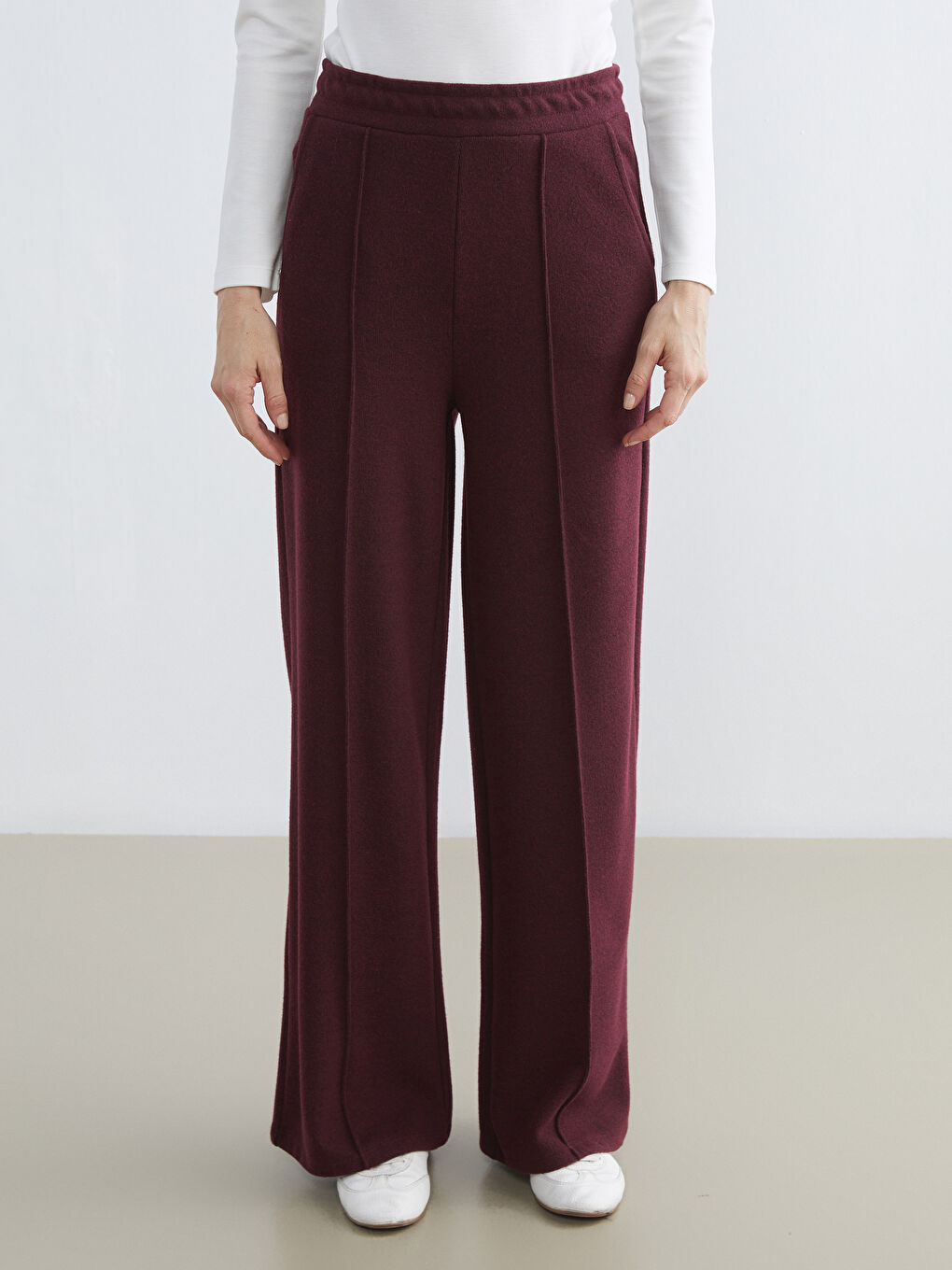 Mürdüm Beli Lastikli Geniş Paça Kadın Pantolon-1