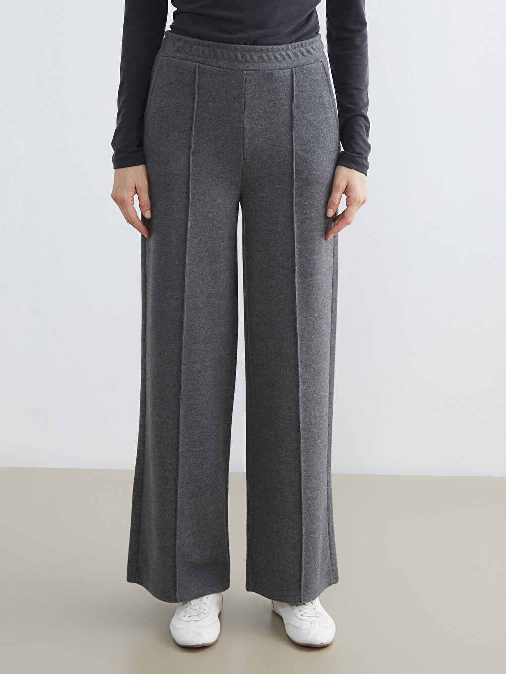 Antrasit Beli Lastikli Geniş Paça Kadın Pantolon-1