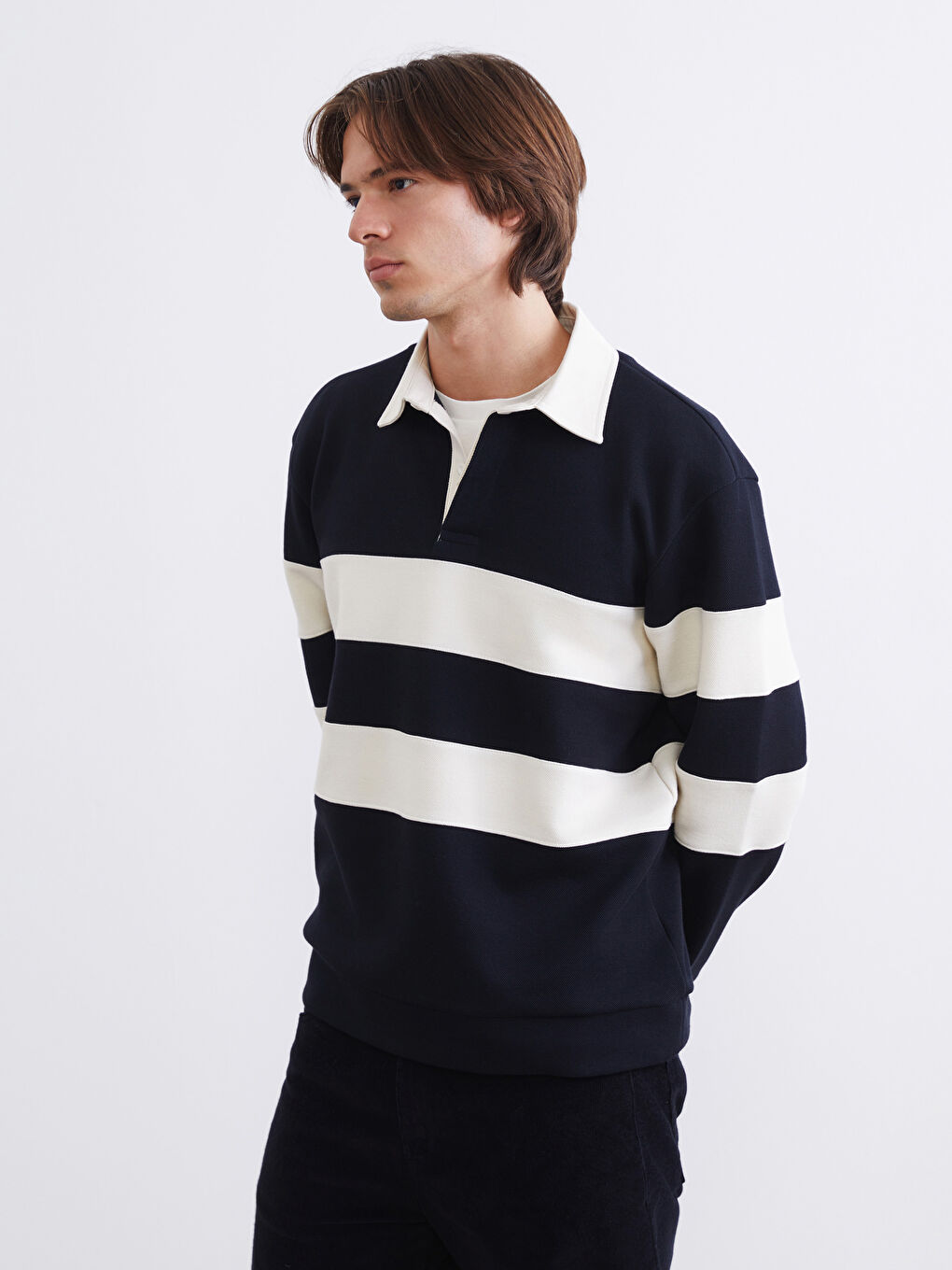 Lacivert Polo Yaka Çizgili Erkek Sweatshirt