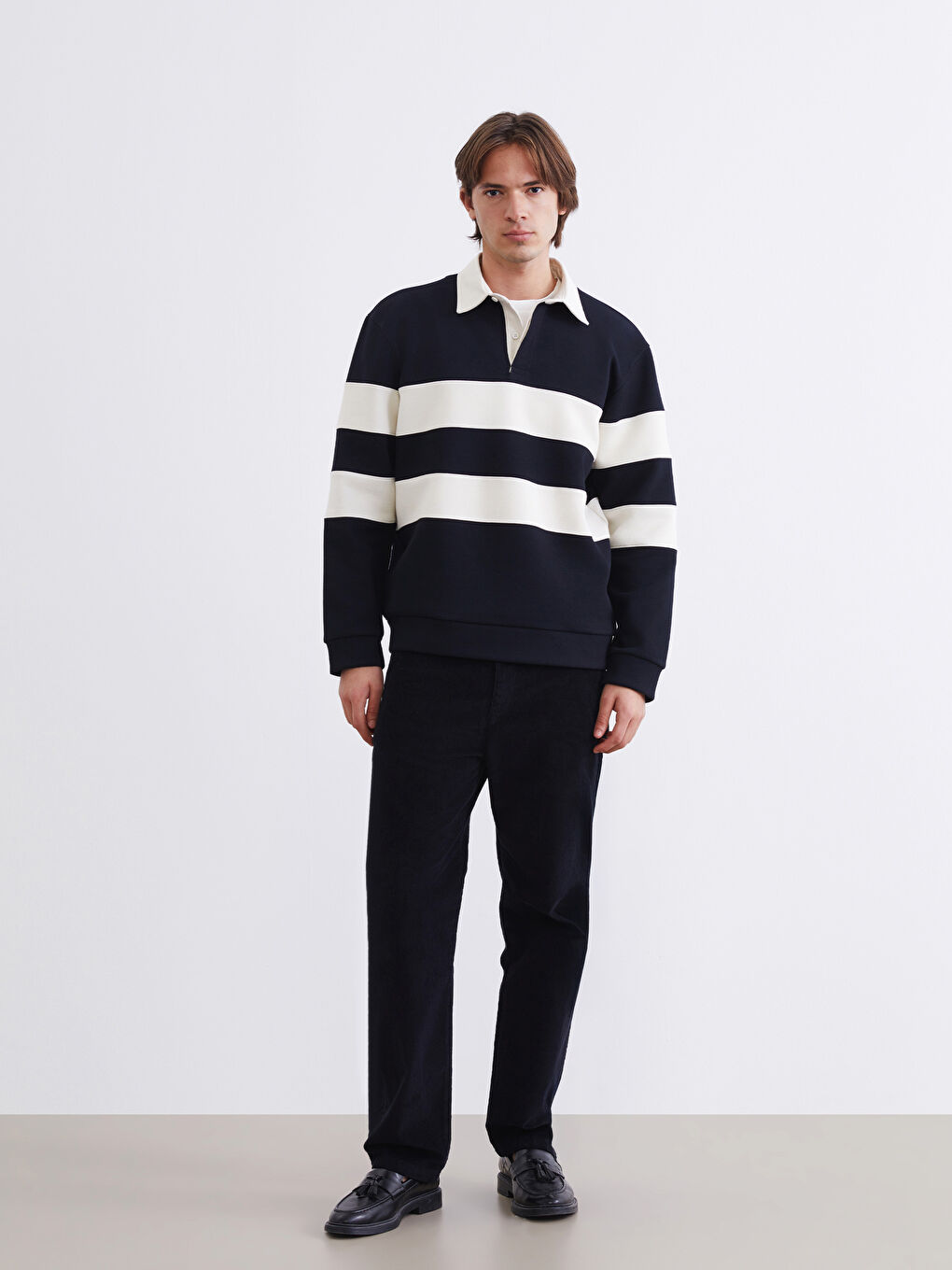 Lacivert Polo Yaka Çizgili Erkek Sweatshirt-1