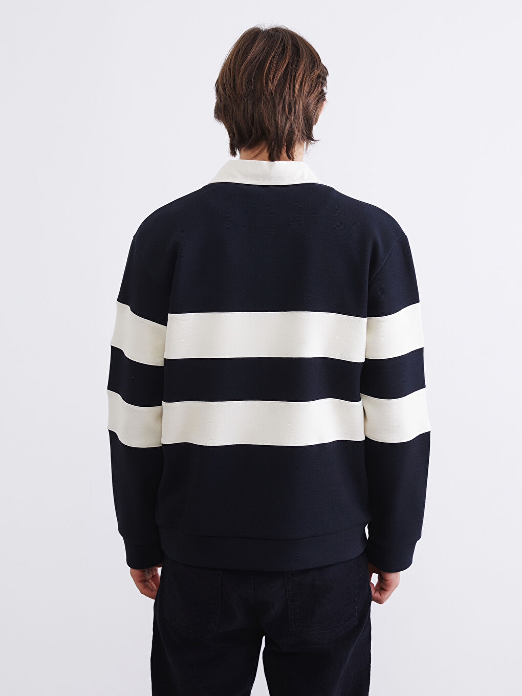 Lacivert Polo Yaka Çizgili Erkek Sweatshirt-3