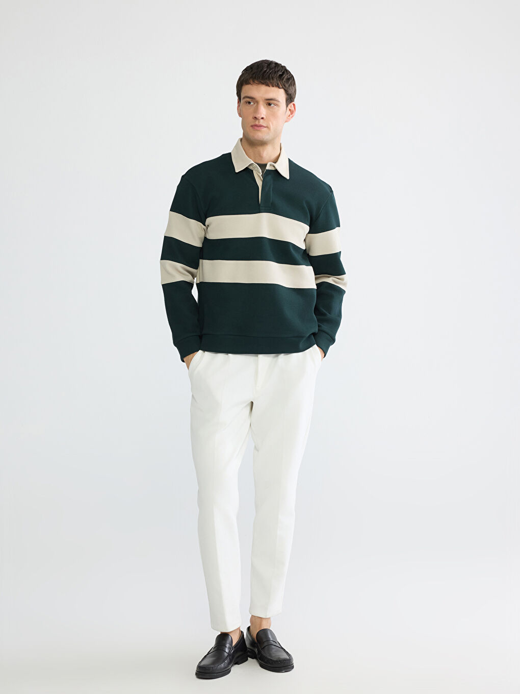 Yeşil Polo Yaka Çizgili Erkek Sweatshirt-1