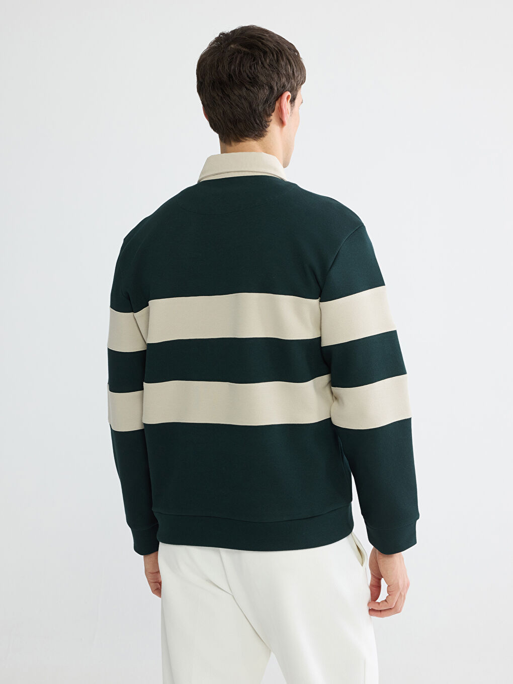 Yeşil Polo Yaka Çizgili Erkek Sweatshirt-3