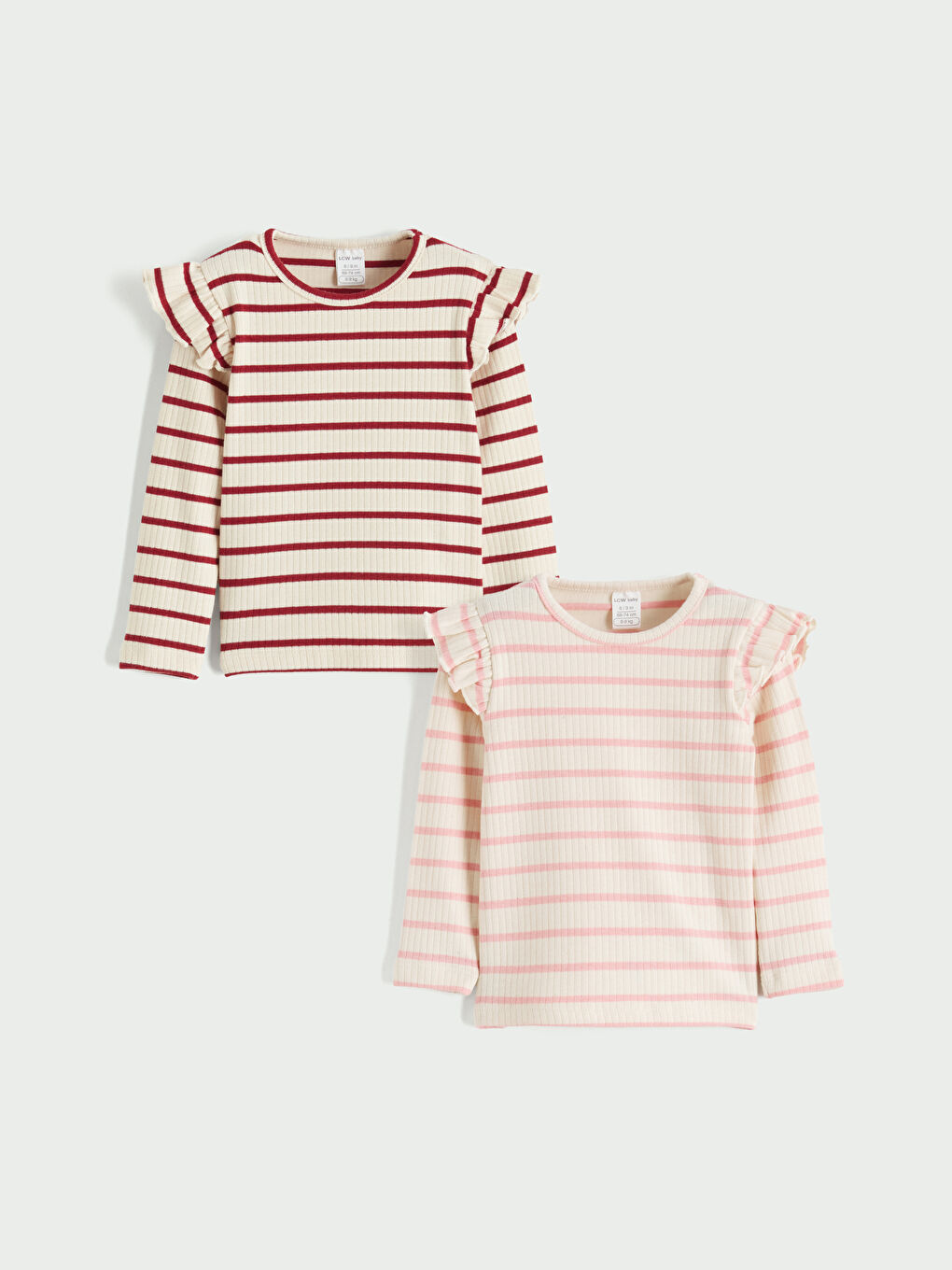 Ekru Bisiklet Yaka Fırfırlı Çizgili Kız Bebek Tişört 2'li