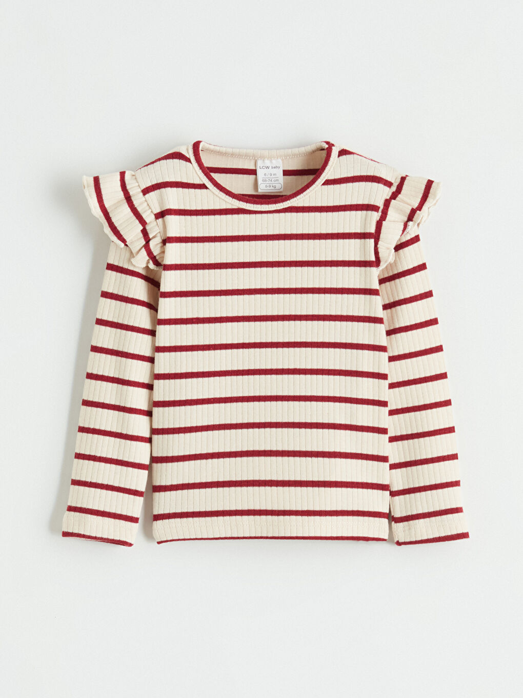 Ekru Bisiklet Yaka Fırfırlı Çizgili Kız Bebek Tişört 2'li-1