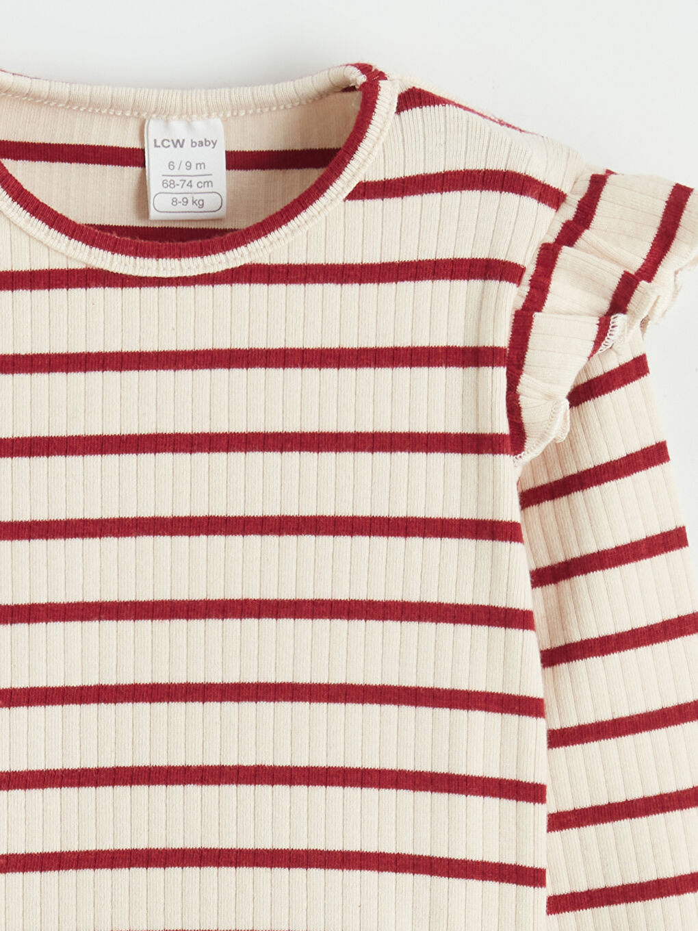 Ekru Bisiklet Yaka Fırfırlı Çizgili Kız Bebek Tişört 2'li-2