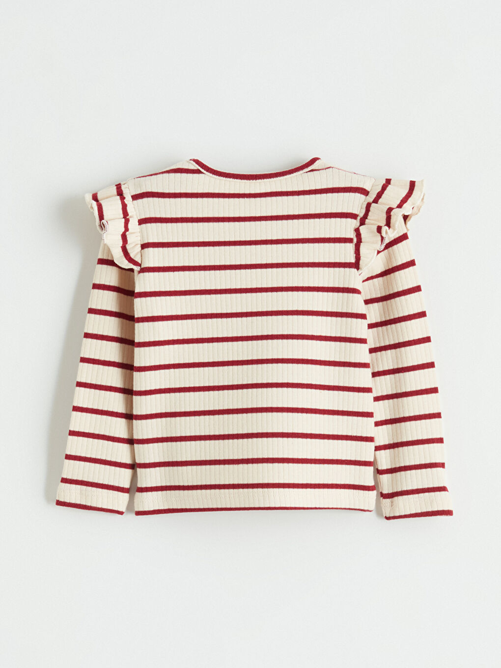 Ekru Bisiklet Yaka Fırfırlı Çizgili Kız Bebek Tişört 2'li-3