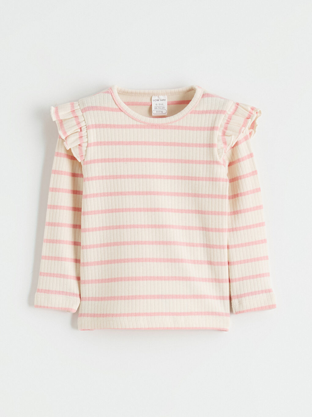 Ekru Bisiklet Yaka Fırfırlı Çizgili Kız Bebek Tişört 2'li-4