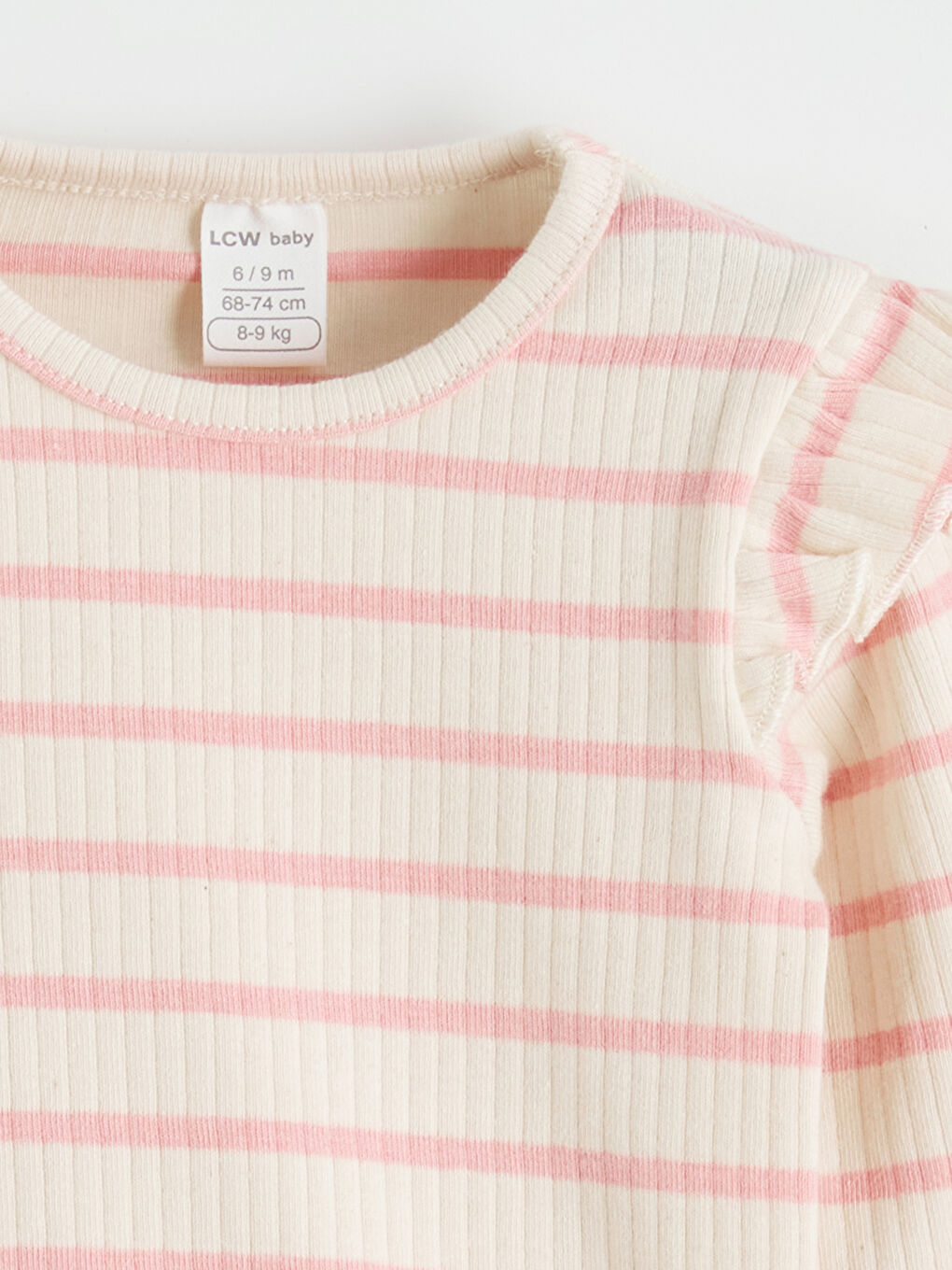 Ekru Bisiklet Yaka Fırfırlı Çizgili Kız Bebek Tişört 2'li-5