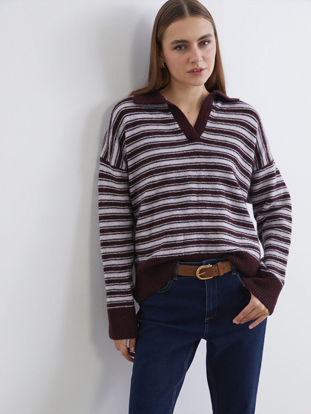Bordo Polo Yaka Çizgili Oversize Kadın Triko Kazak
