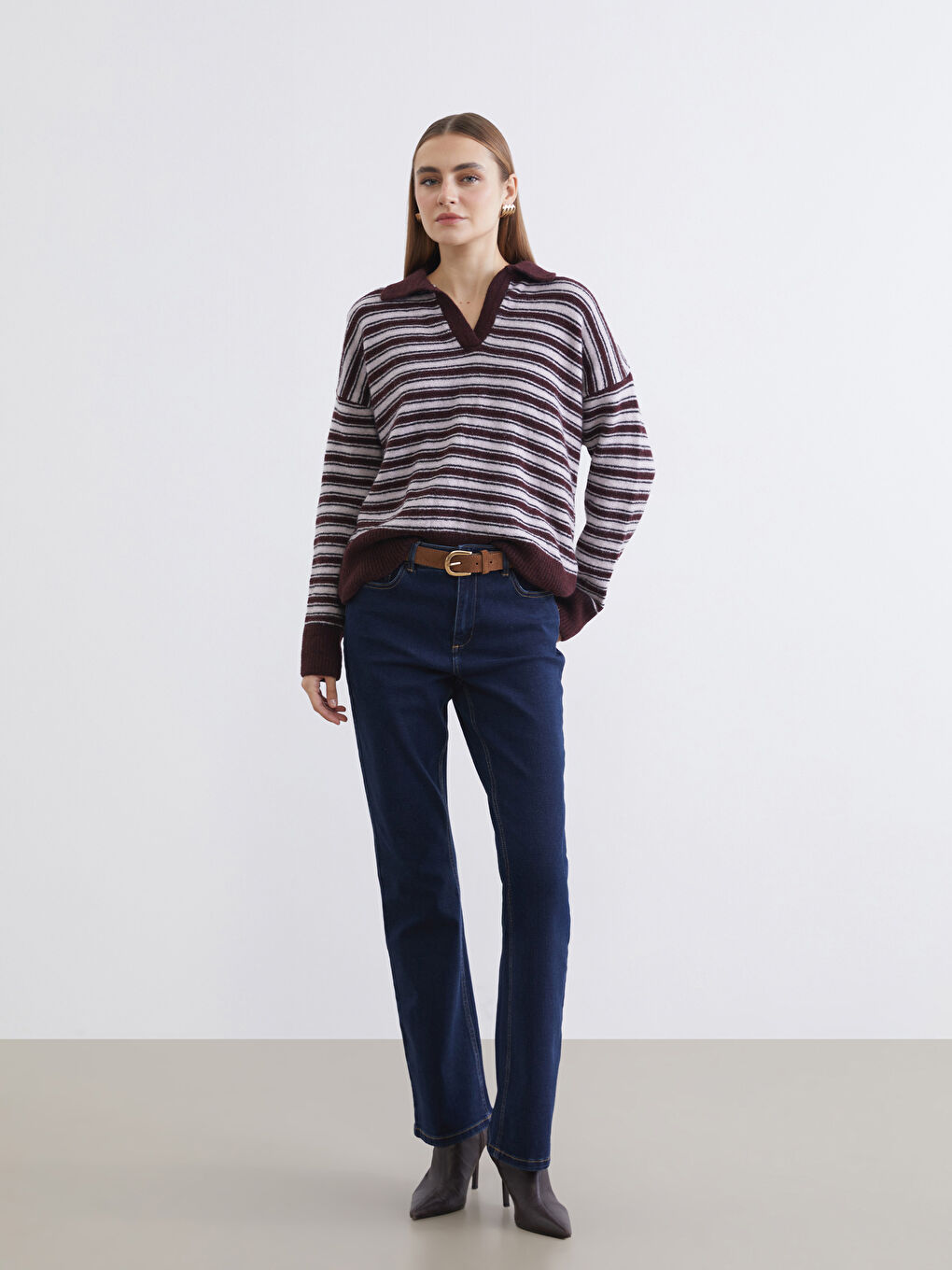 Bordo Polo Yaka Çizgili Oversize Kadın Triko Kazak-1