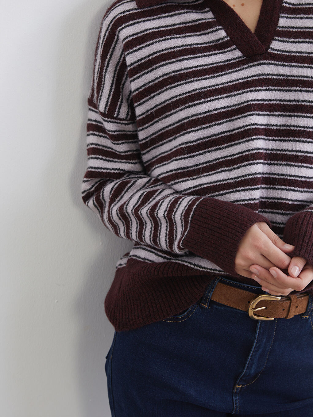 Bordo Polo Yaka Çizgili Oversize Kadın Triko Kazak-2