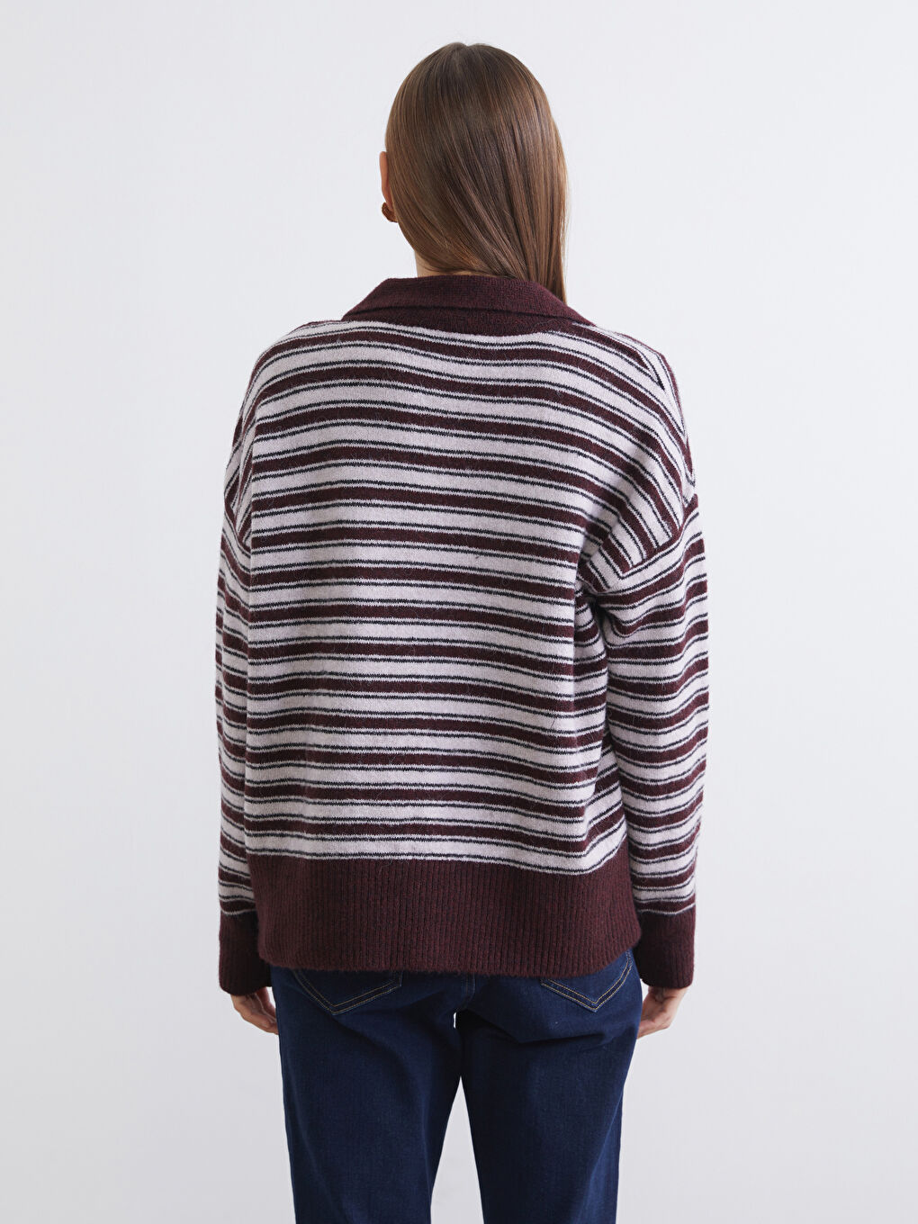 Bordo Polo Yaka Çizgili Oversize Kadın Triko Kazak-3