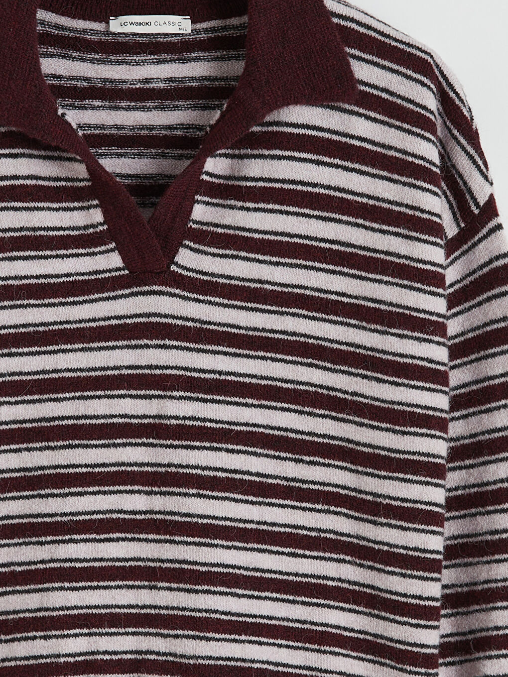 Bordo Polo Yaka Çizgili Oversize Kadın Triko Kazak-5