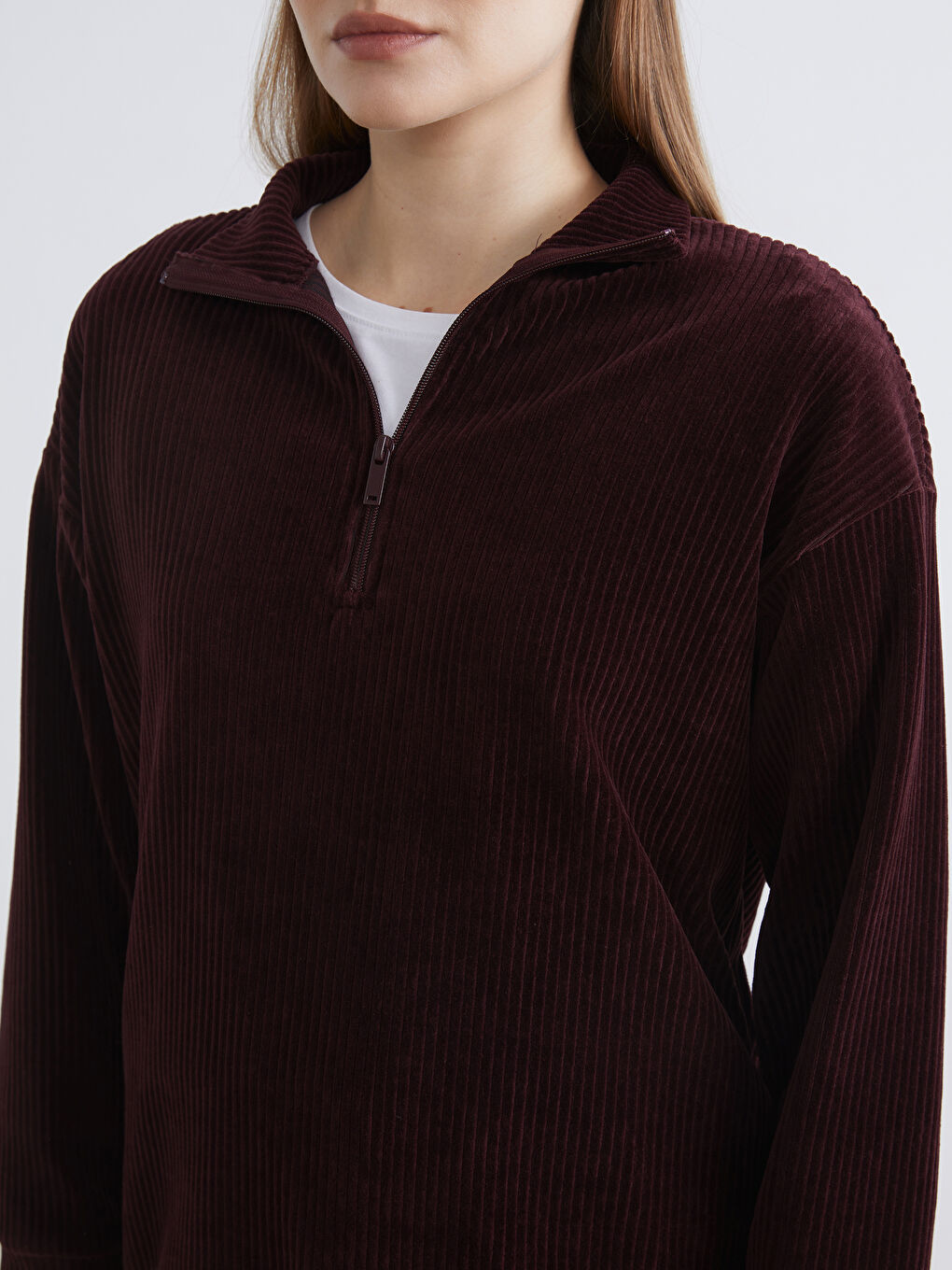 Funnel Neck Ribbed Women's Sweatshirt-2