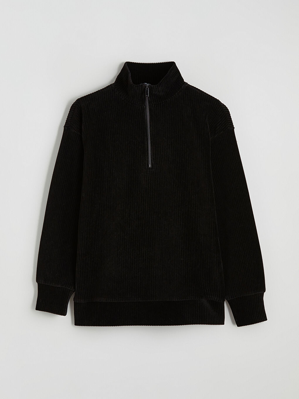 Siyah Dik Yaka Fitilli Kadın Sweatshirt-4