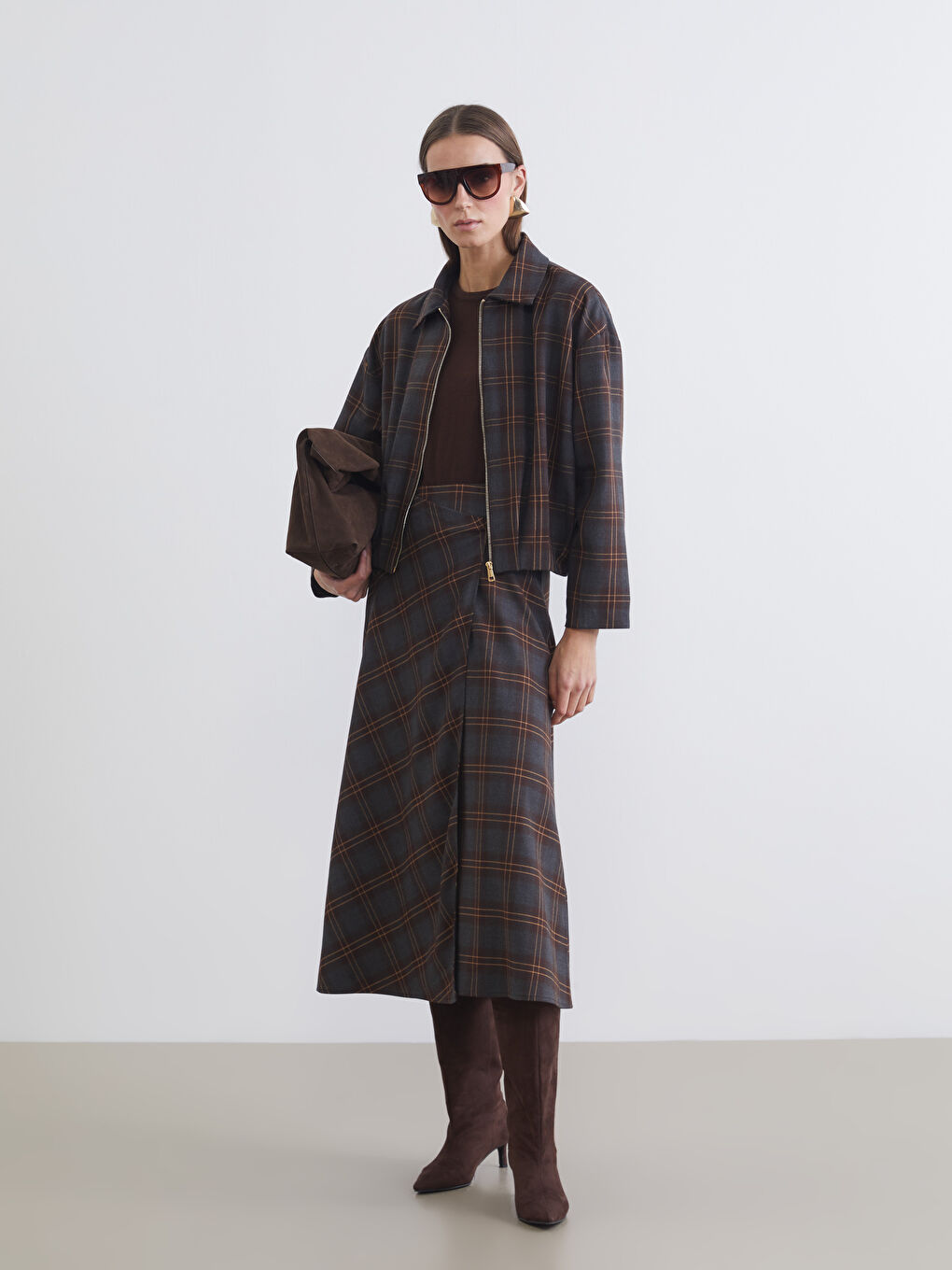 Kahverengi Gömlek Yaka Ekose Oversize Kadın Ceket-1