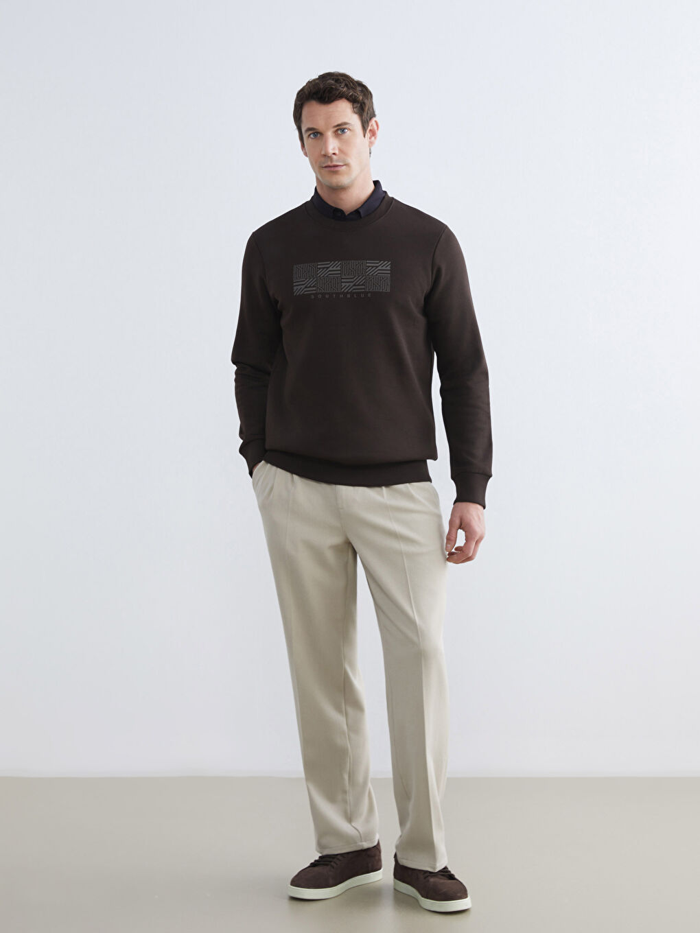 Kahverengi Bisiklet Yaka Baskılı Erkek Kalın Sweatshirt-1